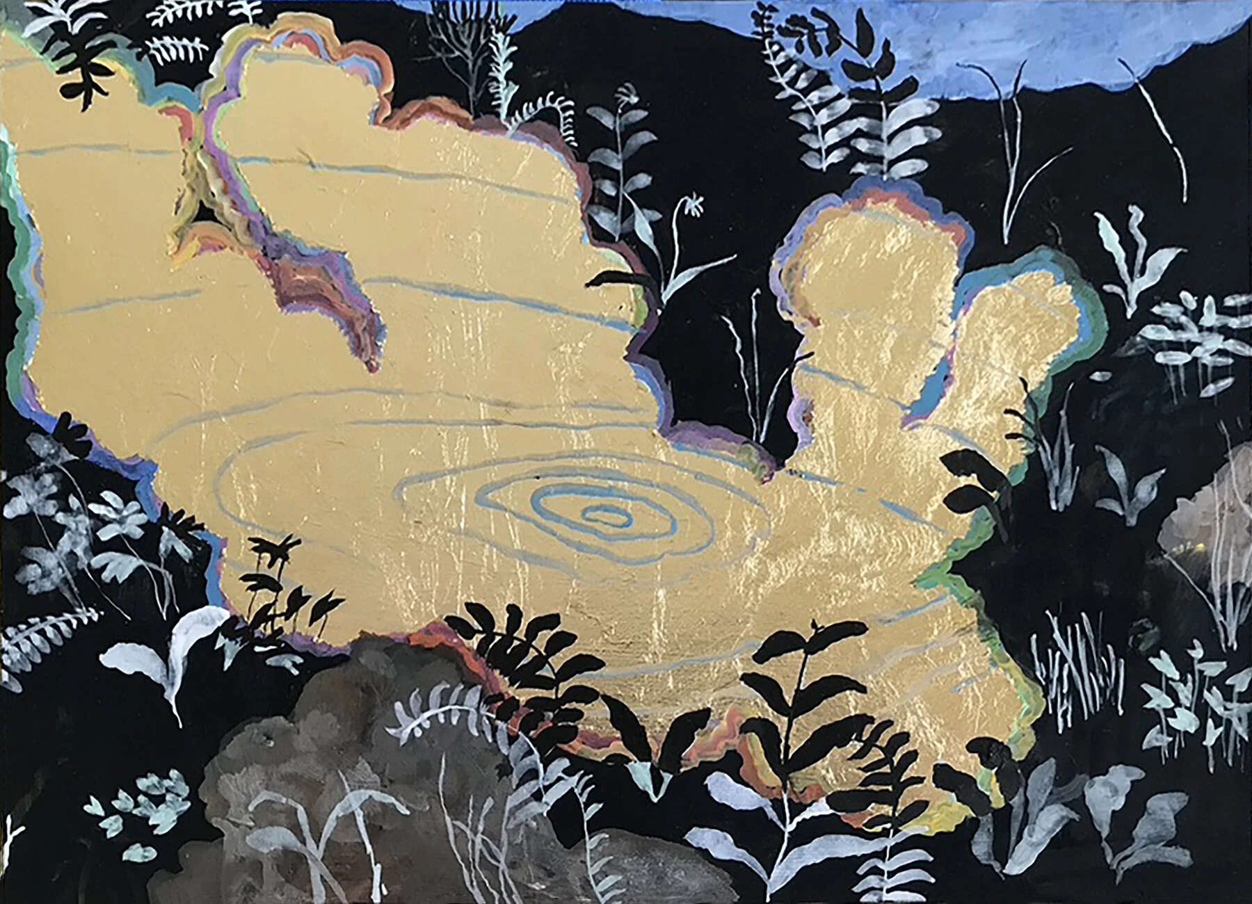 Body of Water, acrylic, gouache and gold leaf on aluminum, 6.5 x 9", 2020