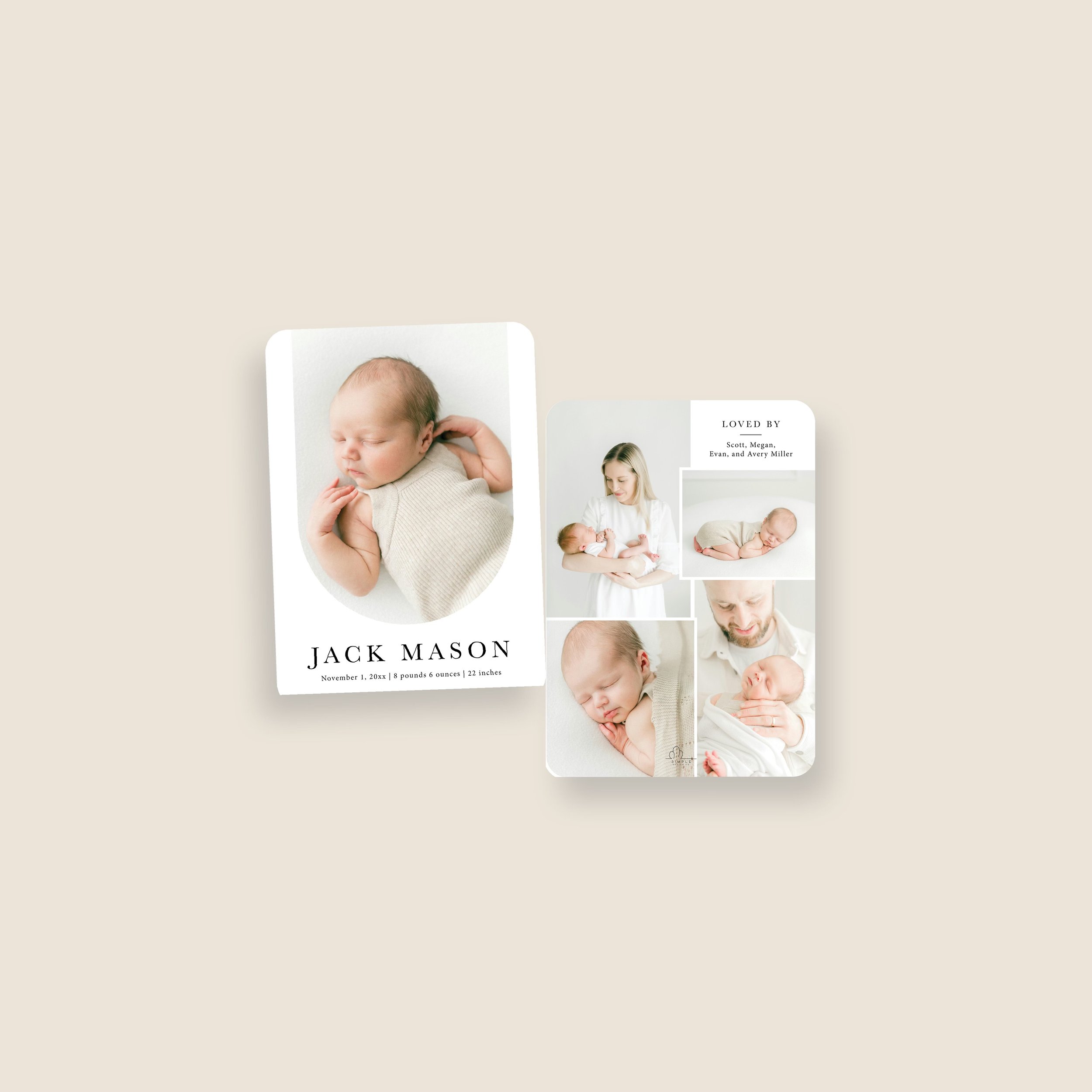 Birth announcement card featuring a newborn baby wrapped in a blanket. The card has the name 'Jack Mason' and birth details. The reverse side shows family photos.