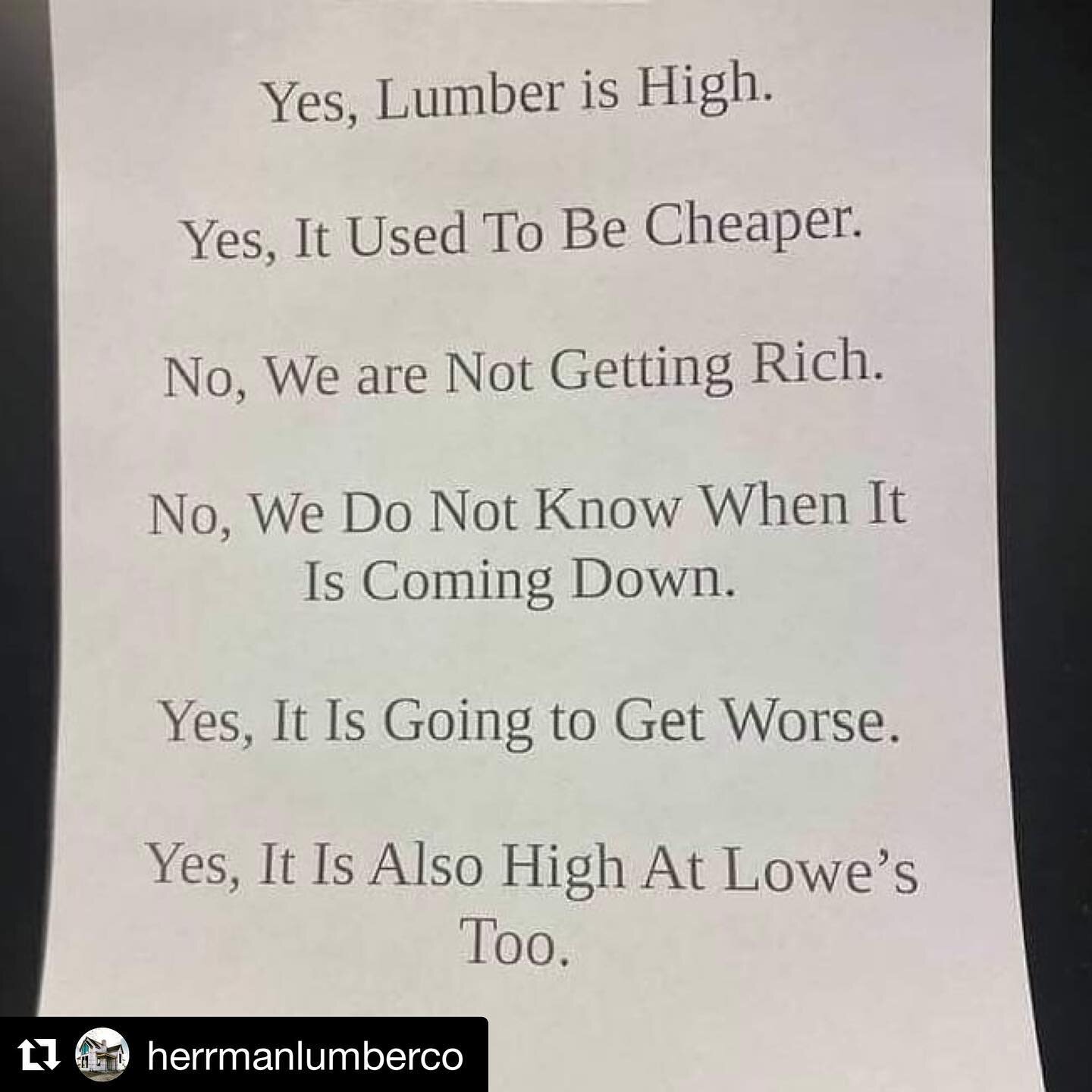@herrmanlumberco dropping truth bombs!
We get this question at least 7 million times a week. Please be patient with us as this is totally out of our hands!

#Repost @herrmanlumberco with @get_repost
・・・
Please understand. This is the world we are in 