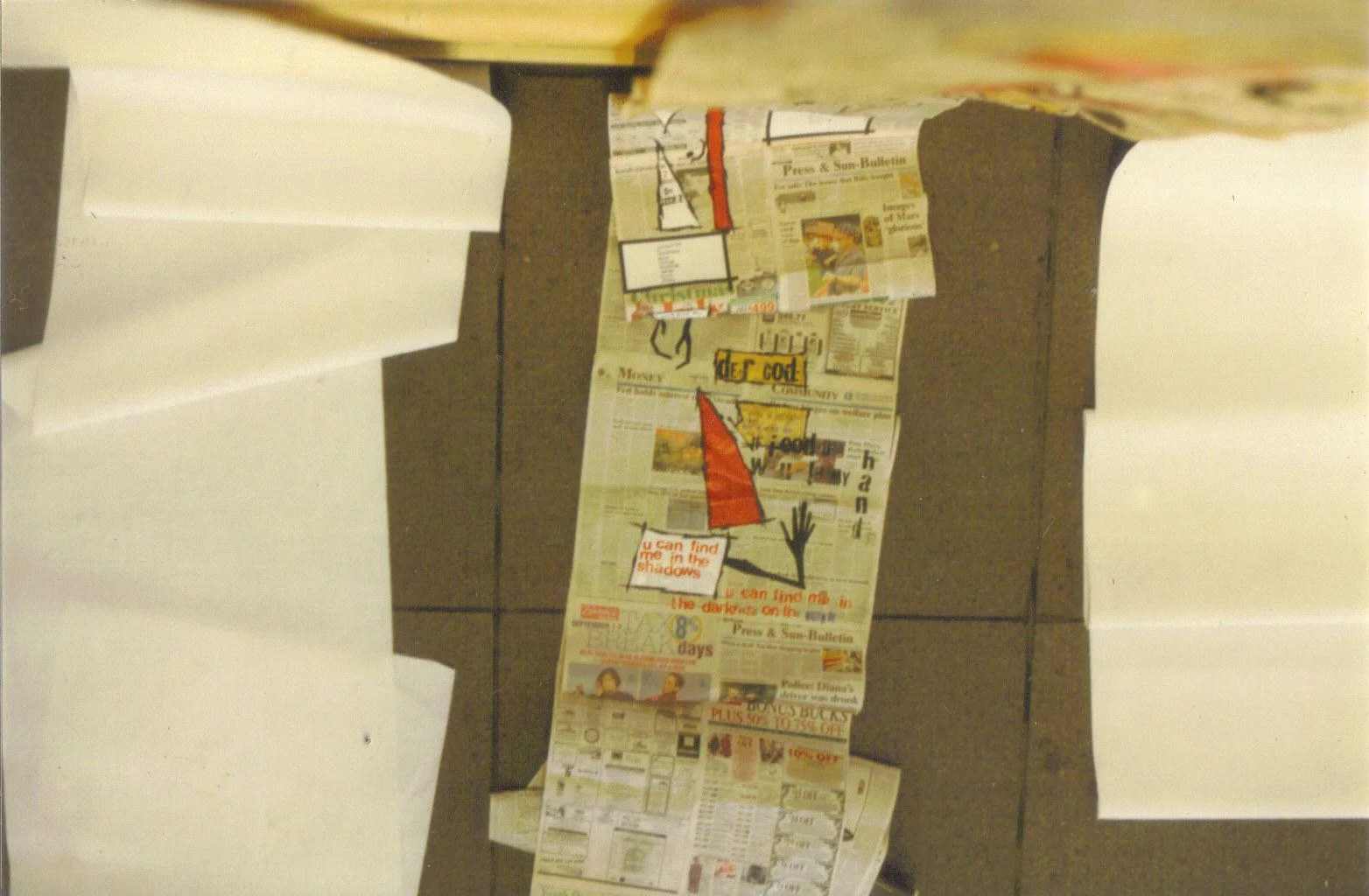 7 Days of Silence 7 Days of Violence (for Speaking Out Against Violence Show)- installation piece, 2feetx20feet, October 1997, newspaper, rub-off letters, electrical tape and patterns.jpg