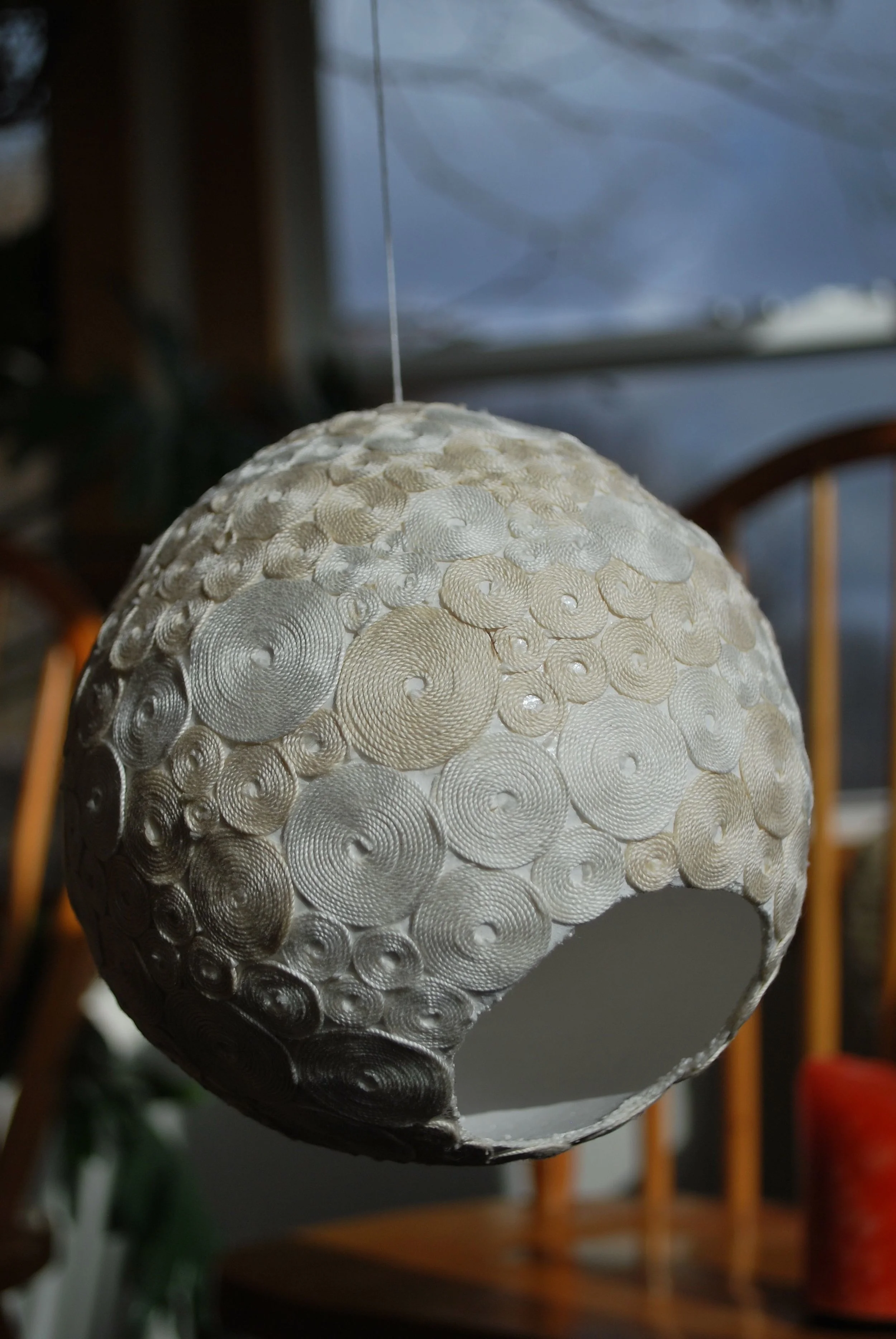SPIRAL BALL #4, 18" CIRCUMFERENCE, 2" OPENING, WINTER 2013, CROCHET THREAD, PLASTER Cloth, MOD PODGE & ELMERS GLUE