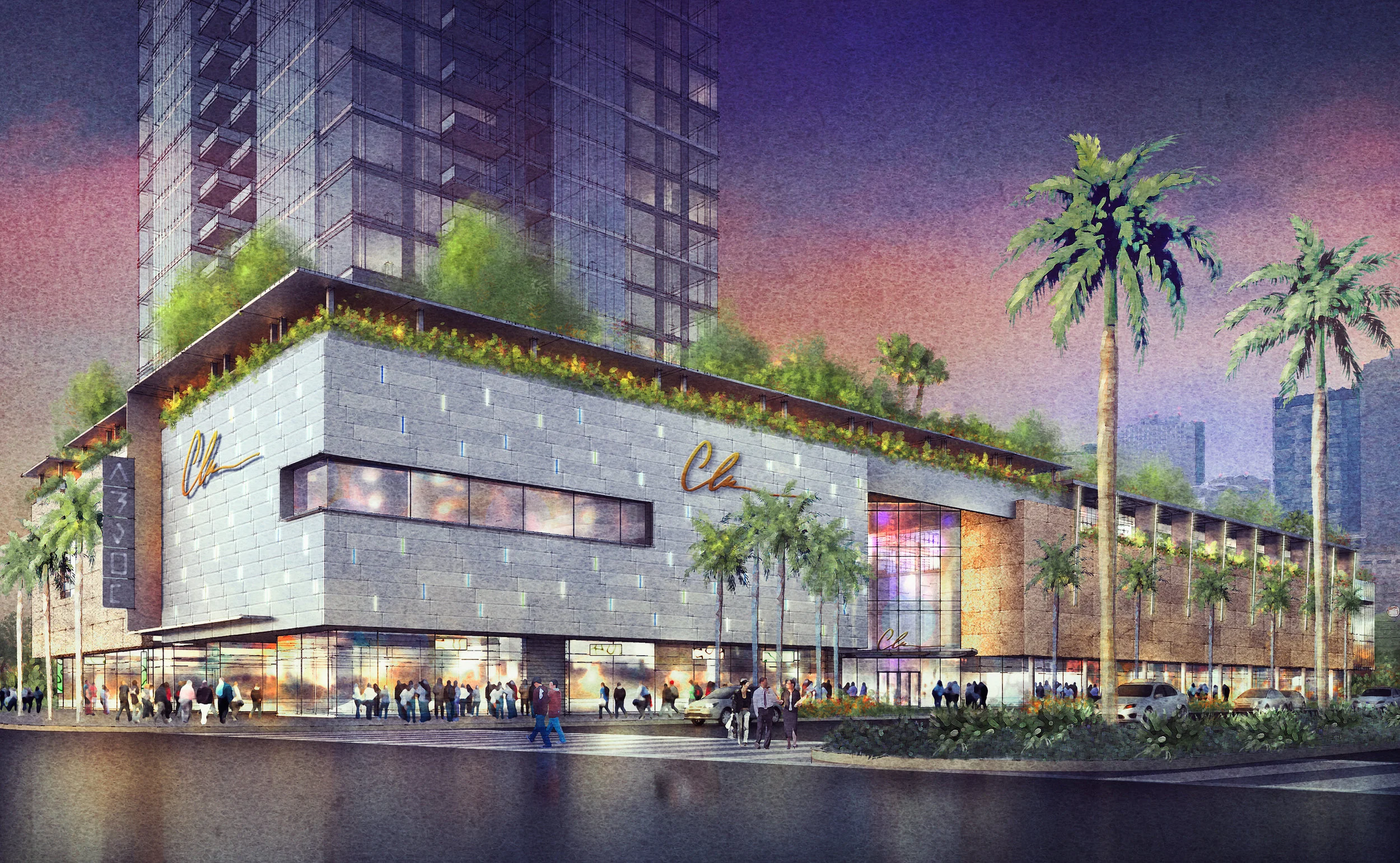 Overall dusk view of the shopping center exterior.