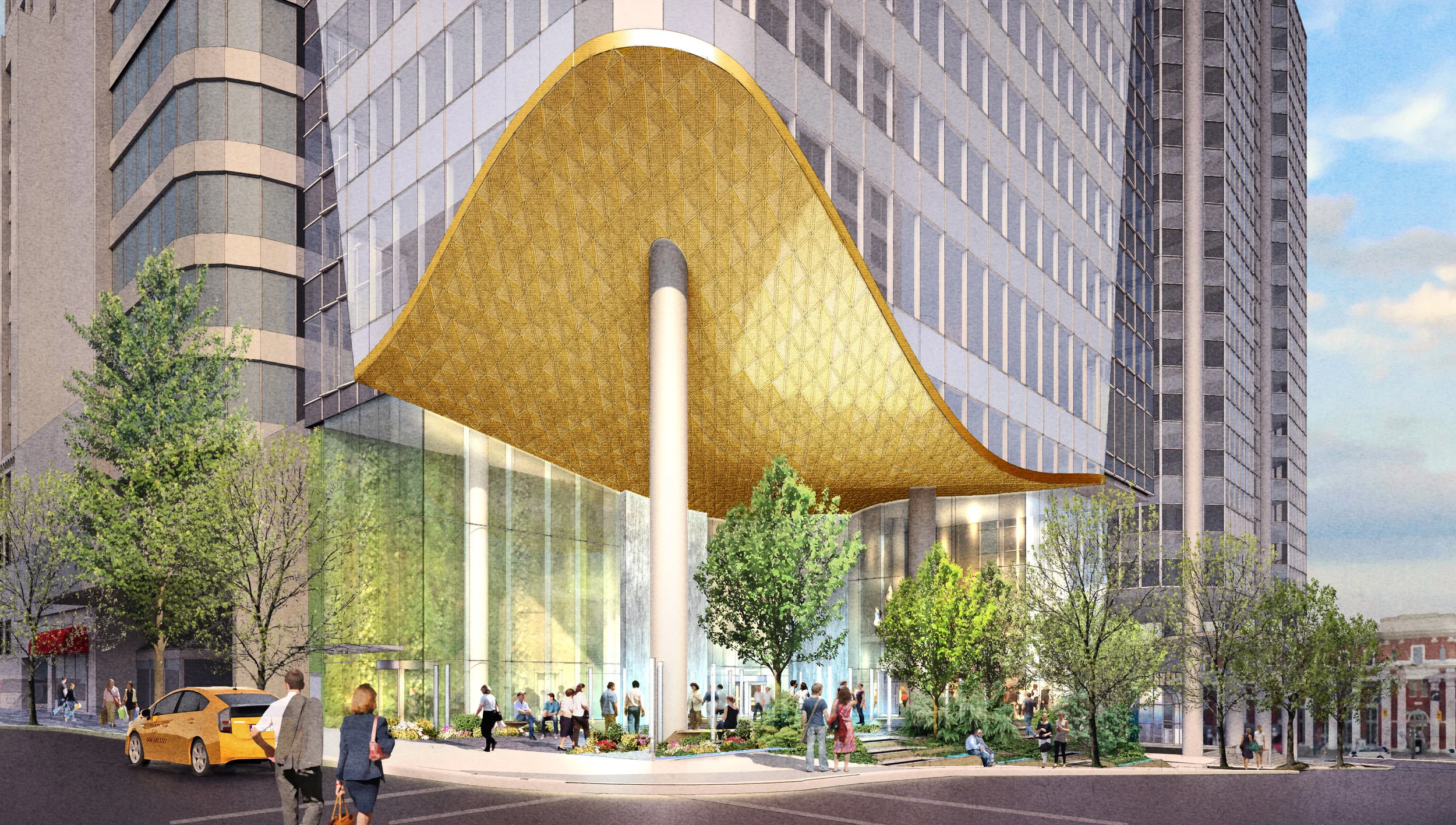 Close up view of building entrance below the main canopy. Also visible is a waterfall feature in the landscaped plaza, and a large living wall inside the lobby space at left.