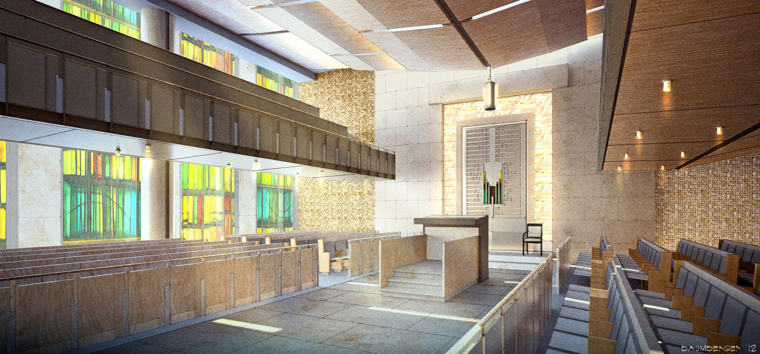 Interior view of the synagogue on the second floor.