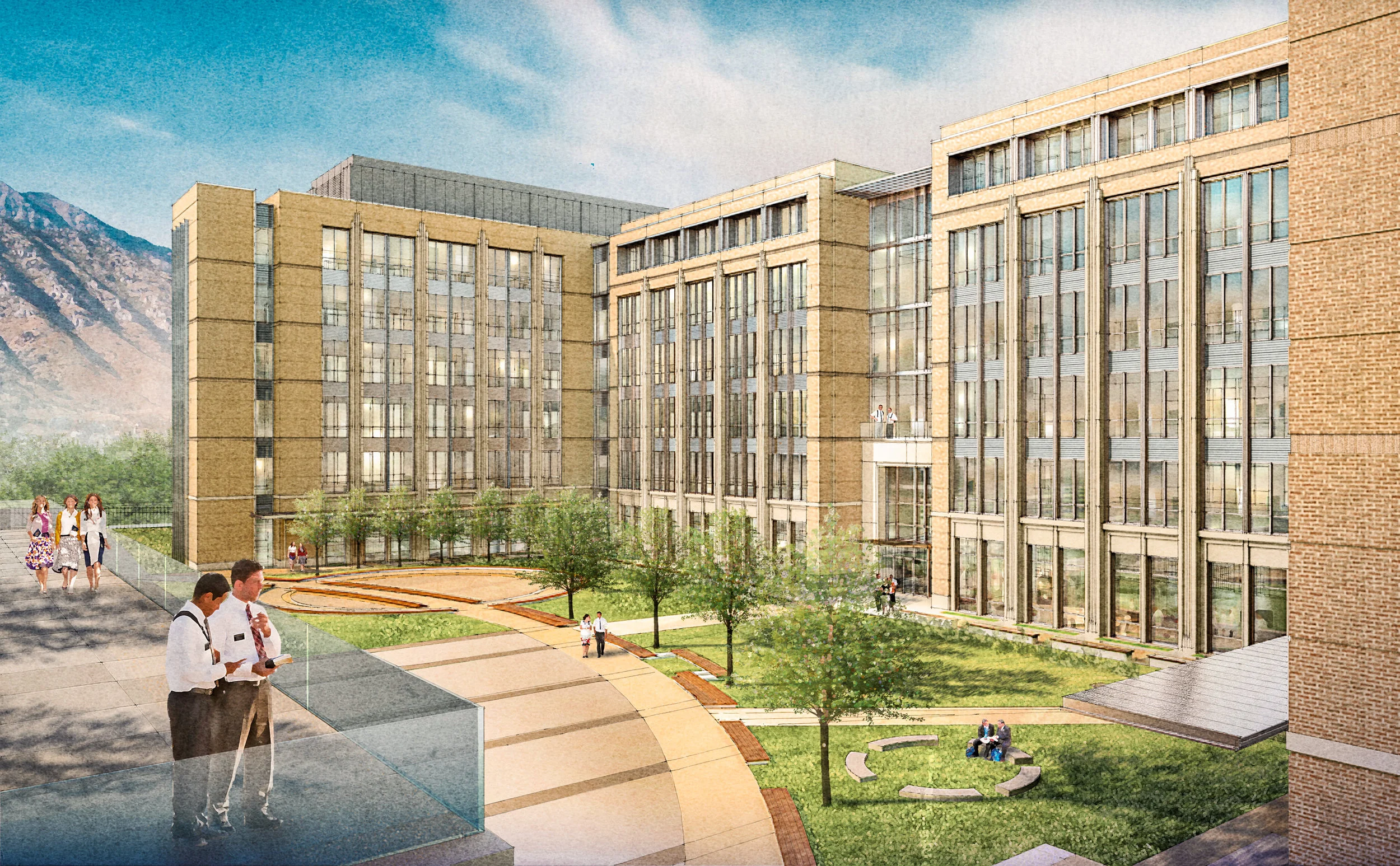 Terrace view showing the relationship of the new buildings to each other and the large central courtyard.