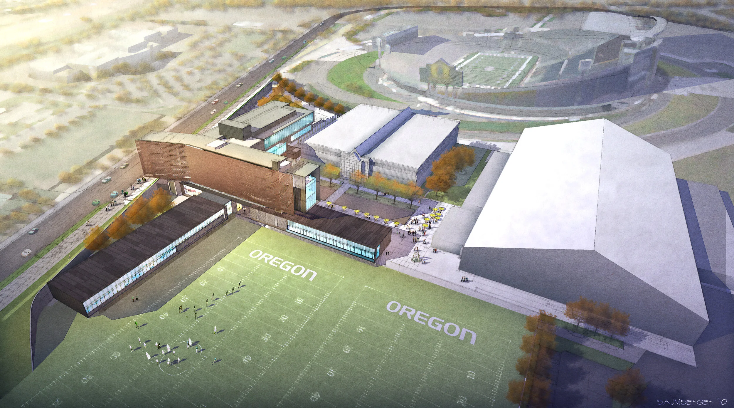 Aerial viewpoint showing the relationship of the new expansion with the existing facility and Autzen Stadium beyond.