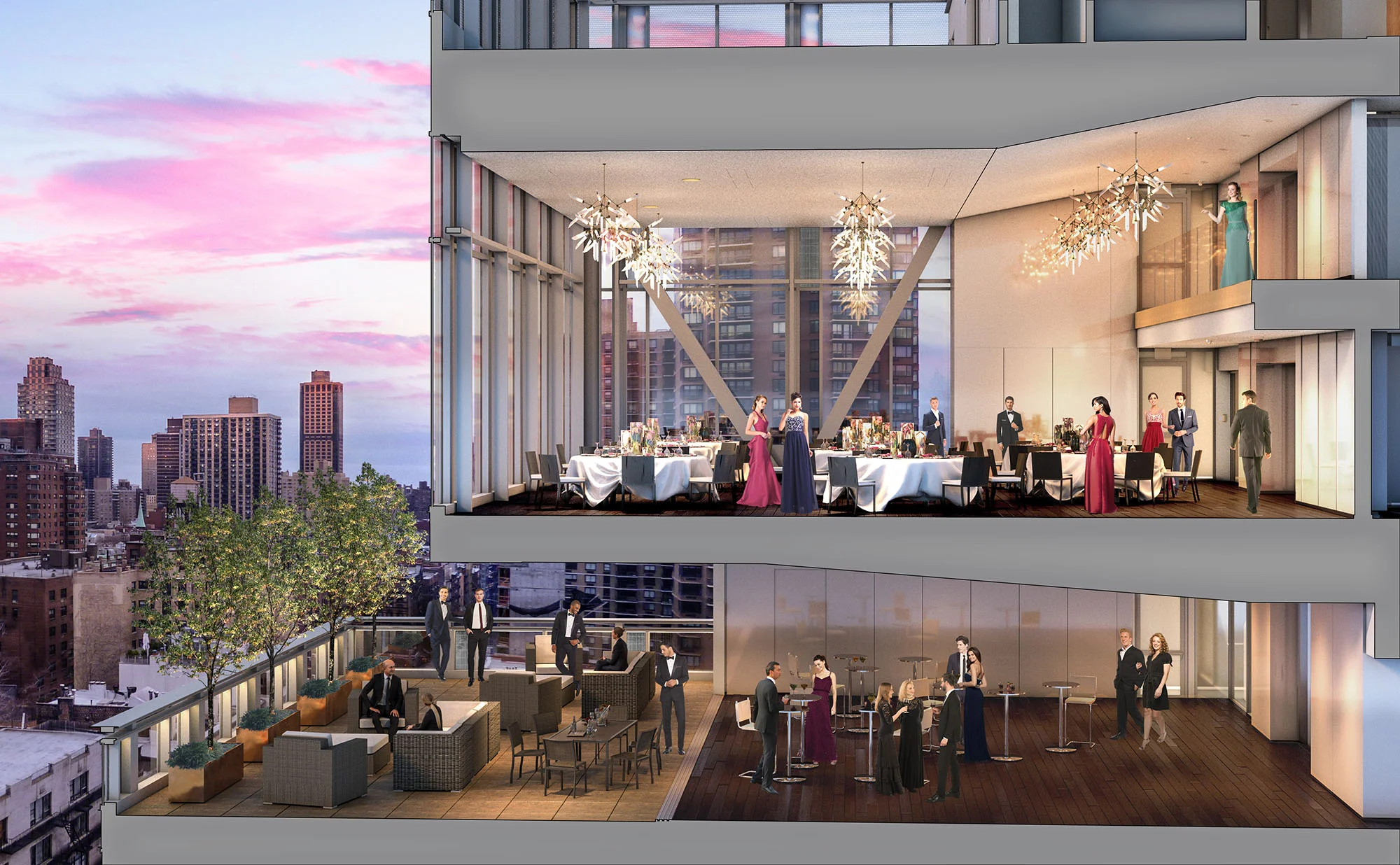 Section perspective of the banquet hall on levels 14 - 16, showing the views from the top of the building out over the Upper East Side of Manhattan.