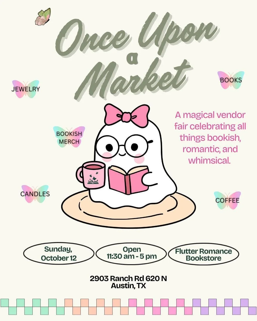 ✨Once Upon a Market at Flutter✨

Join us for a magical day of romance, books, and local makers at our fall market 🍂

📅 Date: Sunday, October 12
🕦 Time: 11:30 AM &ndash; 5:00 PM
📍 Location: Flutter Romance Bookstore
2903A Ranch Road 620 N
Austin, 