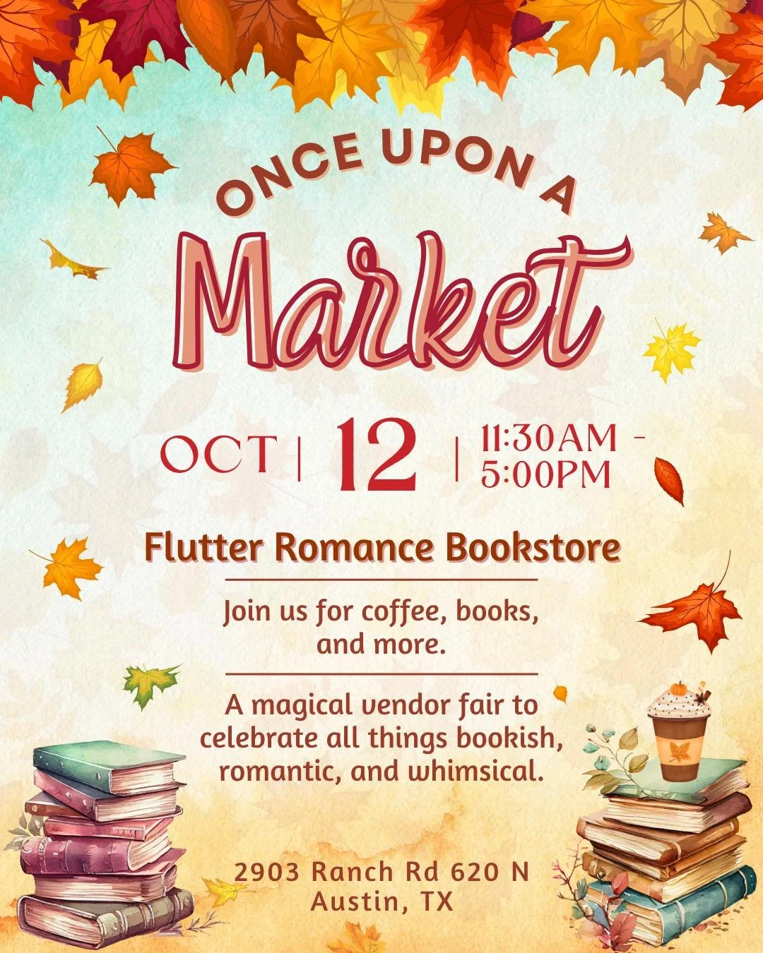 ✨ ONCE UPON A MARKET ✨

Spend a Sunday surrounded by stories and creativity at the Flutter Community Market!

Today the lawn in front of Flutter Romance Bookstore transforms into a cozy market filled with local authors, bookish artisans, and handmade