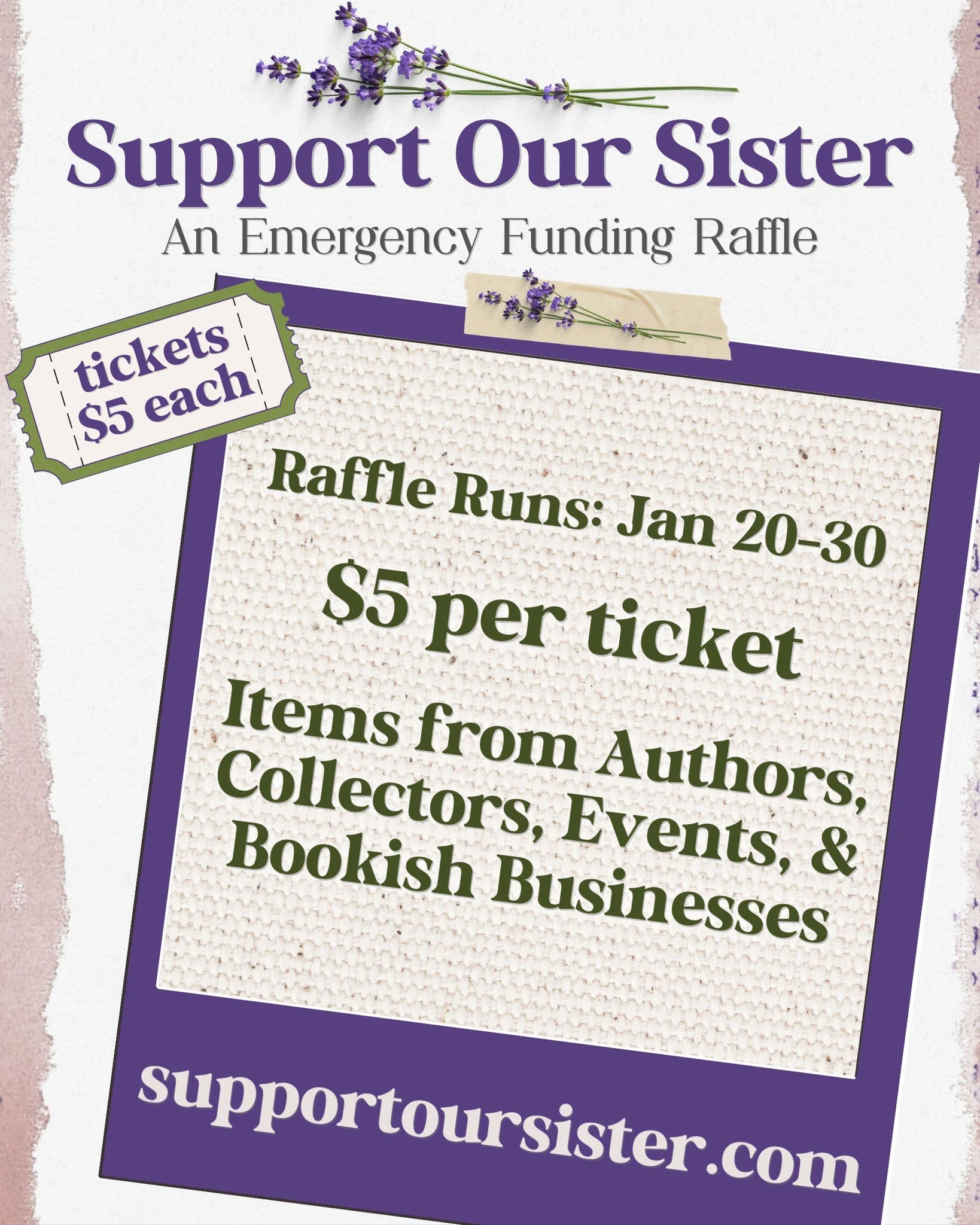 I&rsquo;m participating in 𝐒𝐮𝐩𝐩𝐨𝐫𝐭 𝐟𝐨𝐫 𝐎𝐮𝐫 𝐒𝐢𝐬𝐭𝐞𝐫, a community raffle providing emergency support to an author and her children after leaving an unsafe situation.

Raffle tickets are $5 each, and you may purchase as many as you&rsq