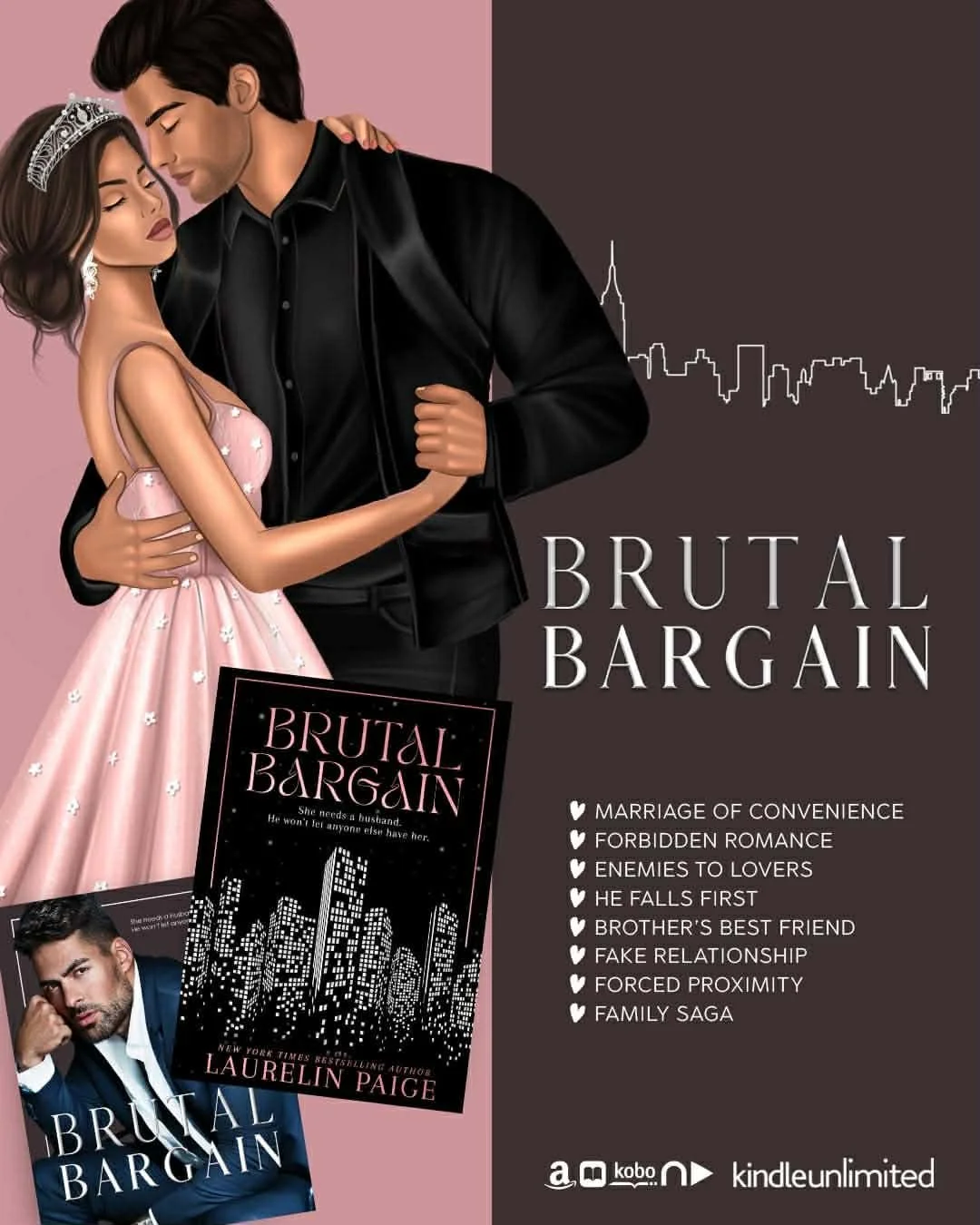 She agreed to the deal.
She didn&rsquo;t expect to want him.

💗 Brutal Bargain is available on Amazon, Apple, Nook, Kobo, Google + KU, audio &amp; paperback.

𝘞𝘩𝘢𝘵 𝘵𝘰 𝘦𝘹𝘱𝘦𝘤𝘵...
✔️ Marriage of convenience
✔️ Enemies to lovers
✔️ Brother&r