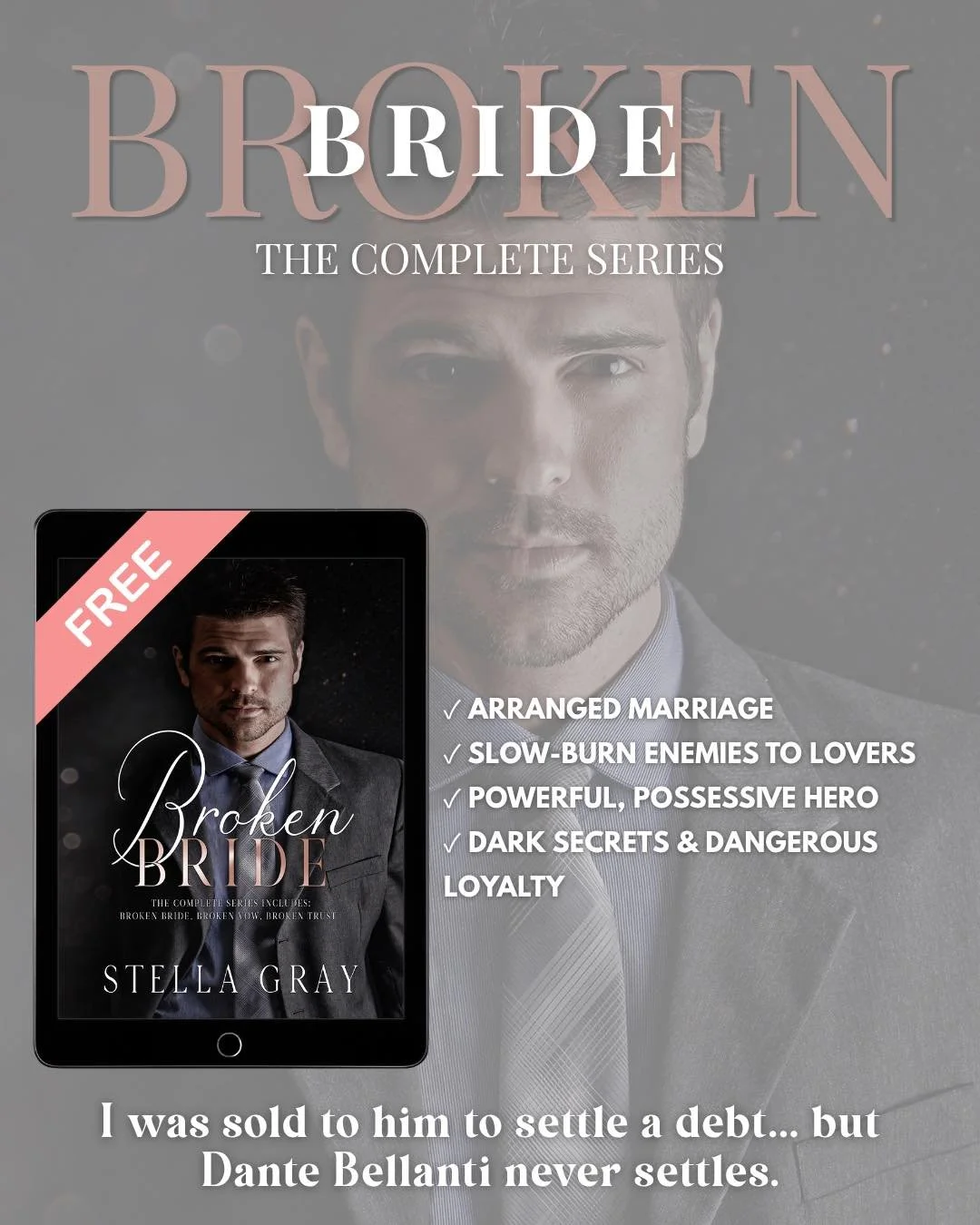 🖤 FREEBIE FRIDAY 🖤⁣
⁣
Dark. Possessive. Impossible to resist.⁣
⁣
𝘉𝘳𝘰𝘬𝘦𝘯 𝘉𝘳𝘪𝘥𝘦: 𝘛𝘩𝘦 𝘊𝘰𝘮𝘱𝘭𝘦𝘵𝘦 𝘚𝘦𝘳𝘪𝘦𝘴 by @stellagrayauthor is free right now 💍⁣
⁣
💔 Arranged marriage⁣
🔥 Slow-burn enemies to lovers⁣
🥵 Powerful, possessiv