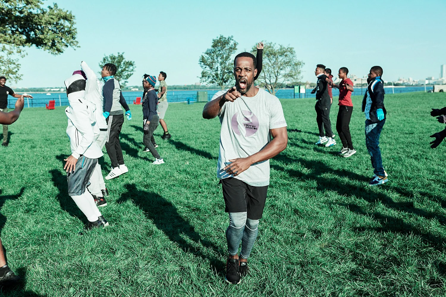 Marlon Briscoe conducts an outdoor bootcamp session