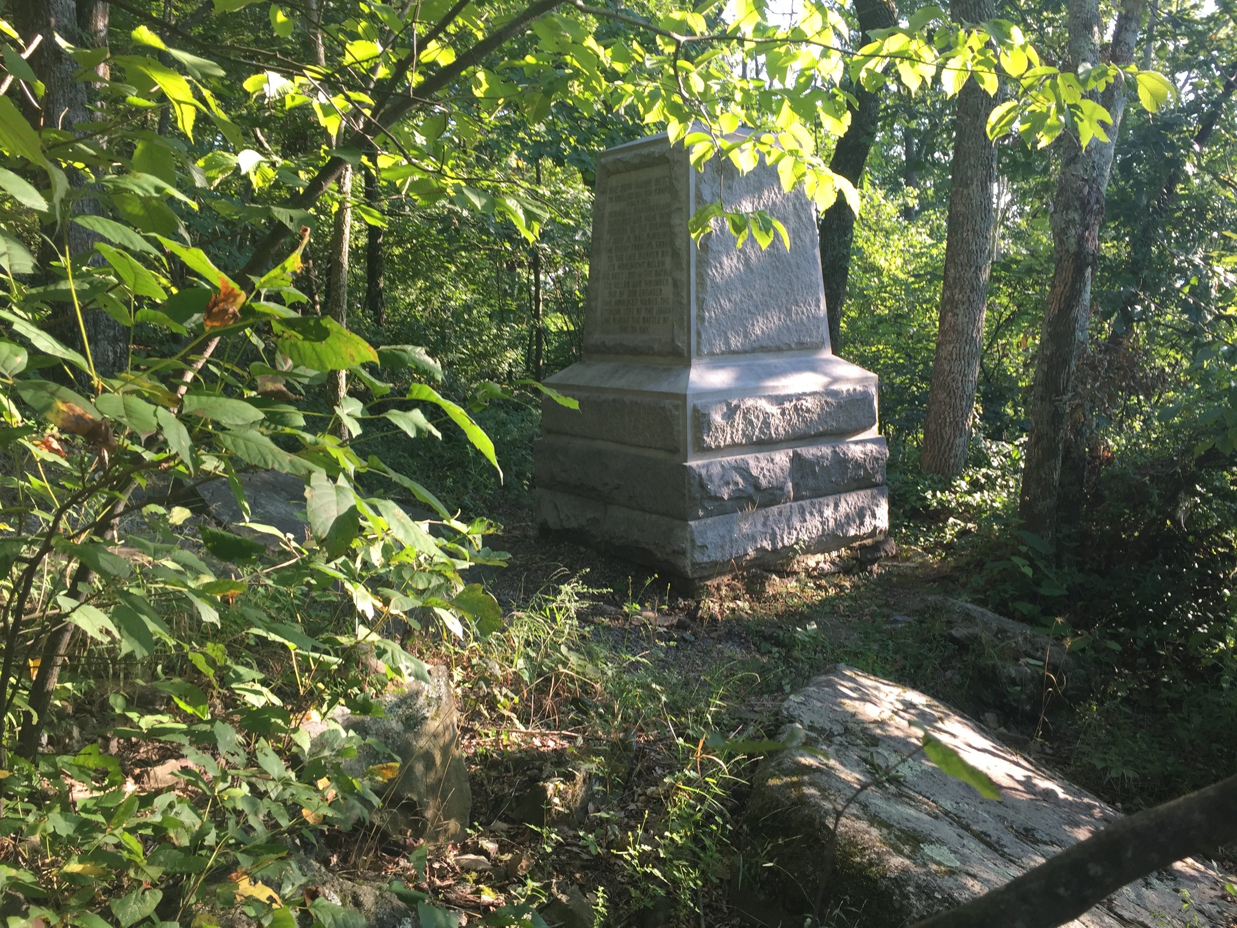  A monument marking the position of the right flank of Lieutenant Colonel Joshua Lawrence Chamberlain's 20th Maine brigade on Big Round Top. 