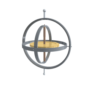 A gyroscope surrounded by a system of three gimbals. (Wikimedia Commons)
