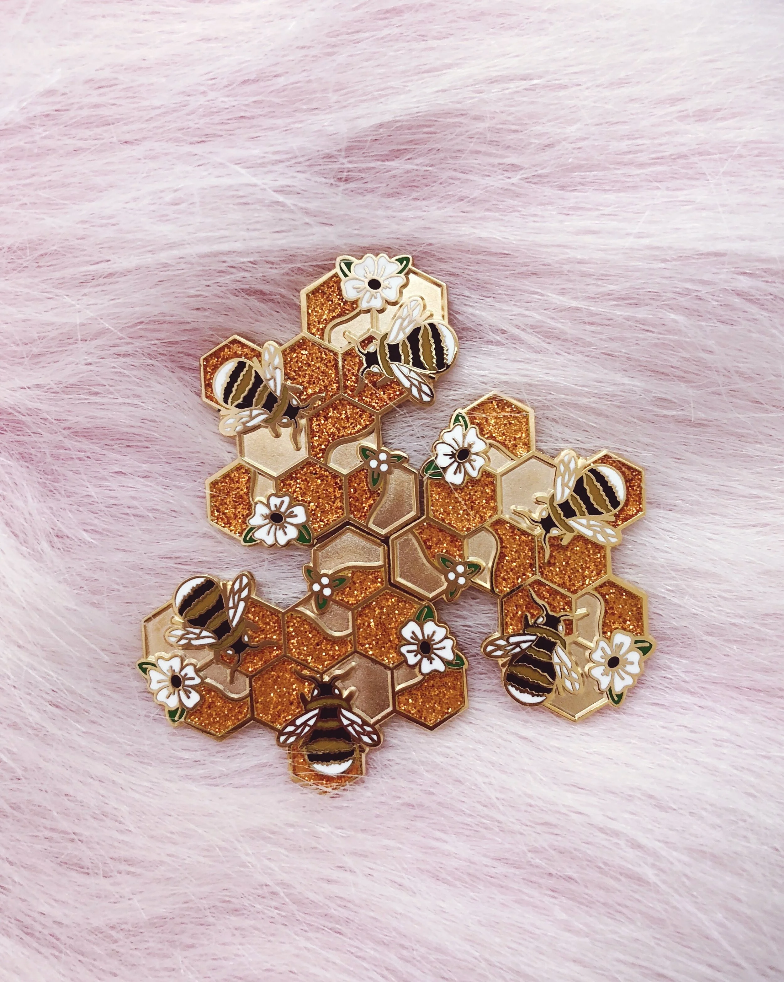 honeycomb floral glitter honey bee flowers enamel lapel pin badge by lilly baik.