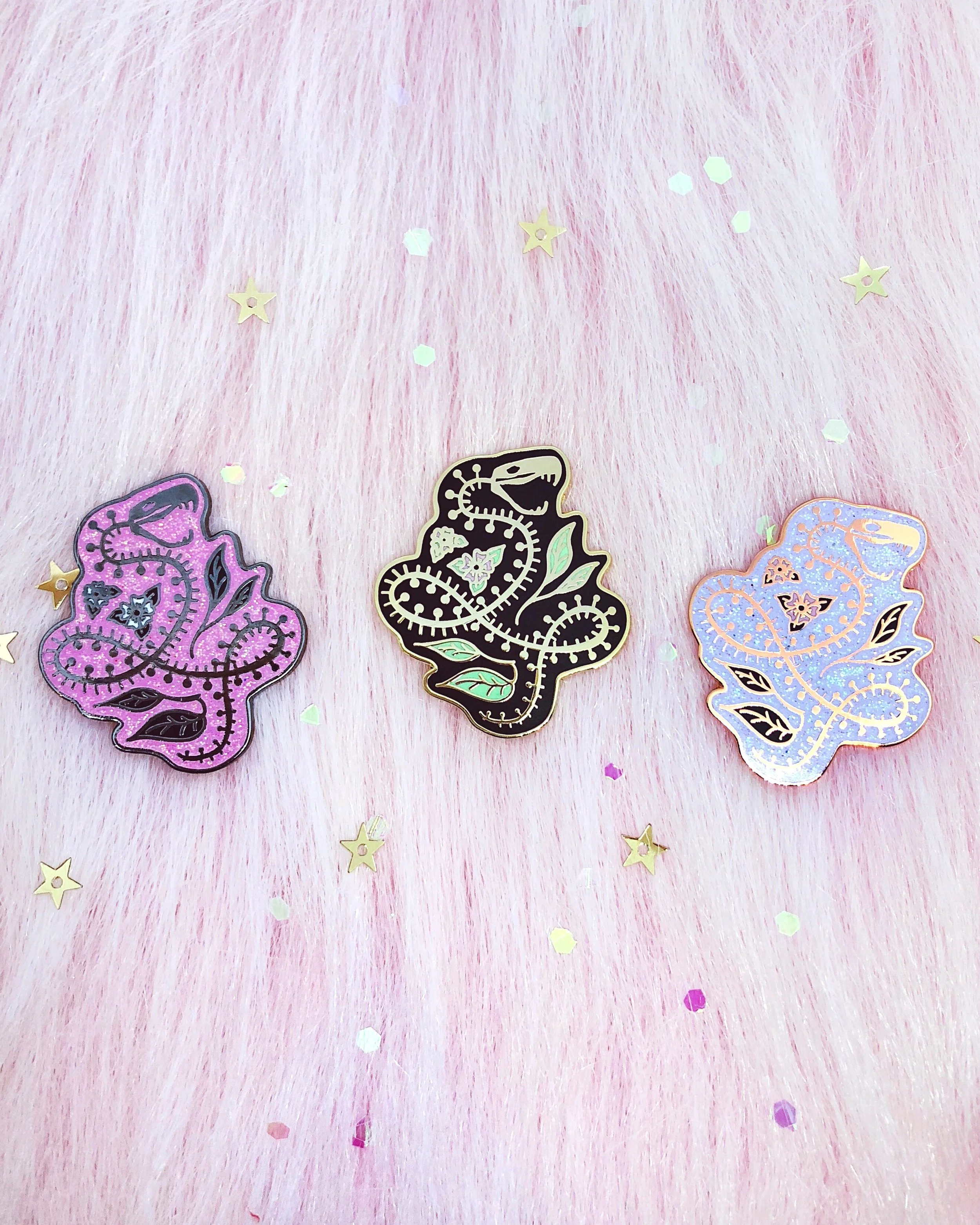 snake skeleton iridescent pink glitter hard enamel nature floral lapel pin by lilly baik.