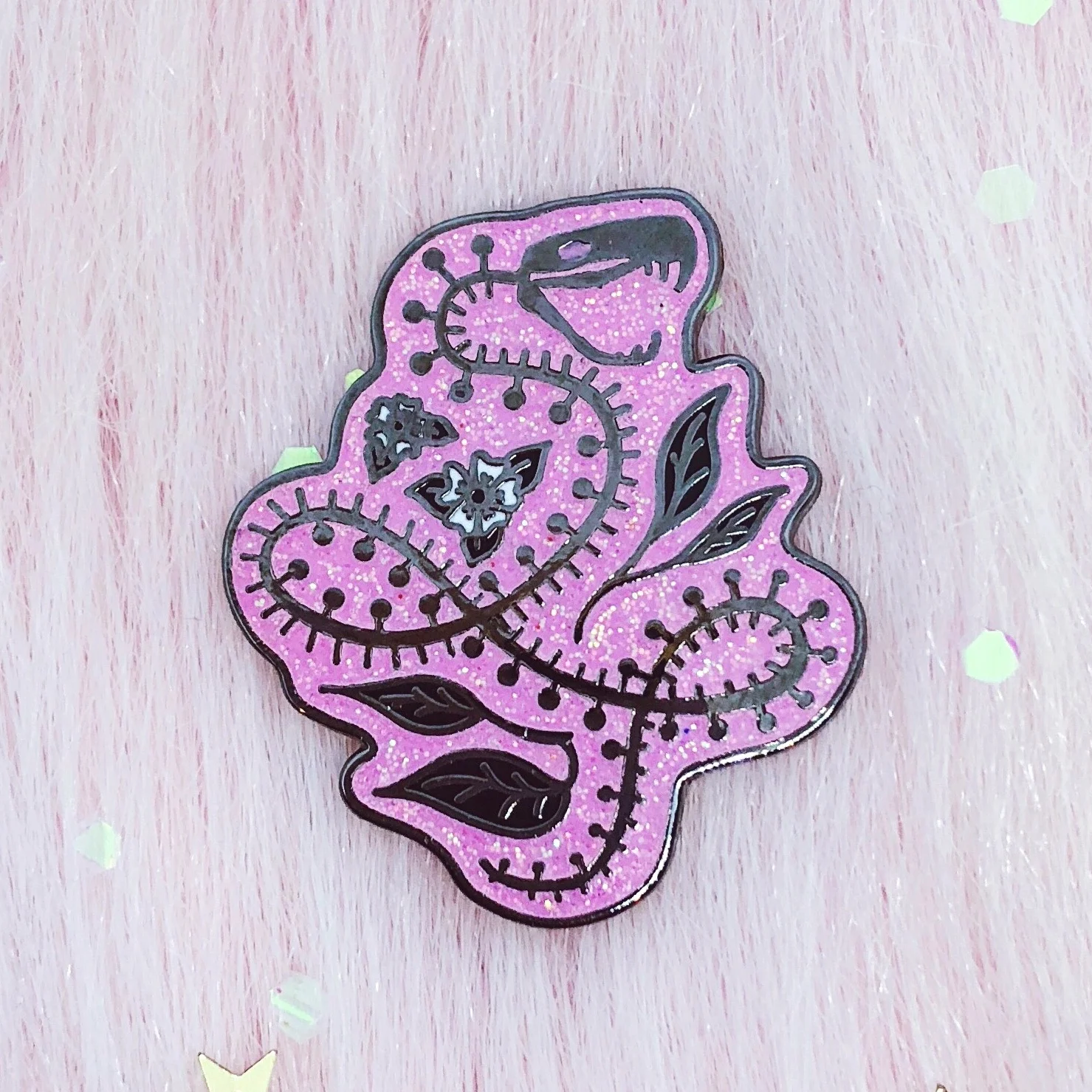 snake skeleton iridescent pink glitter hard enamel nature floral lapel pin by lilly baik.