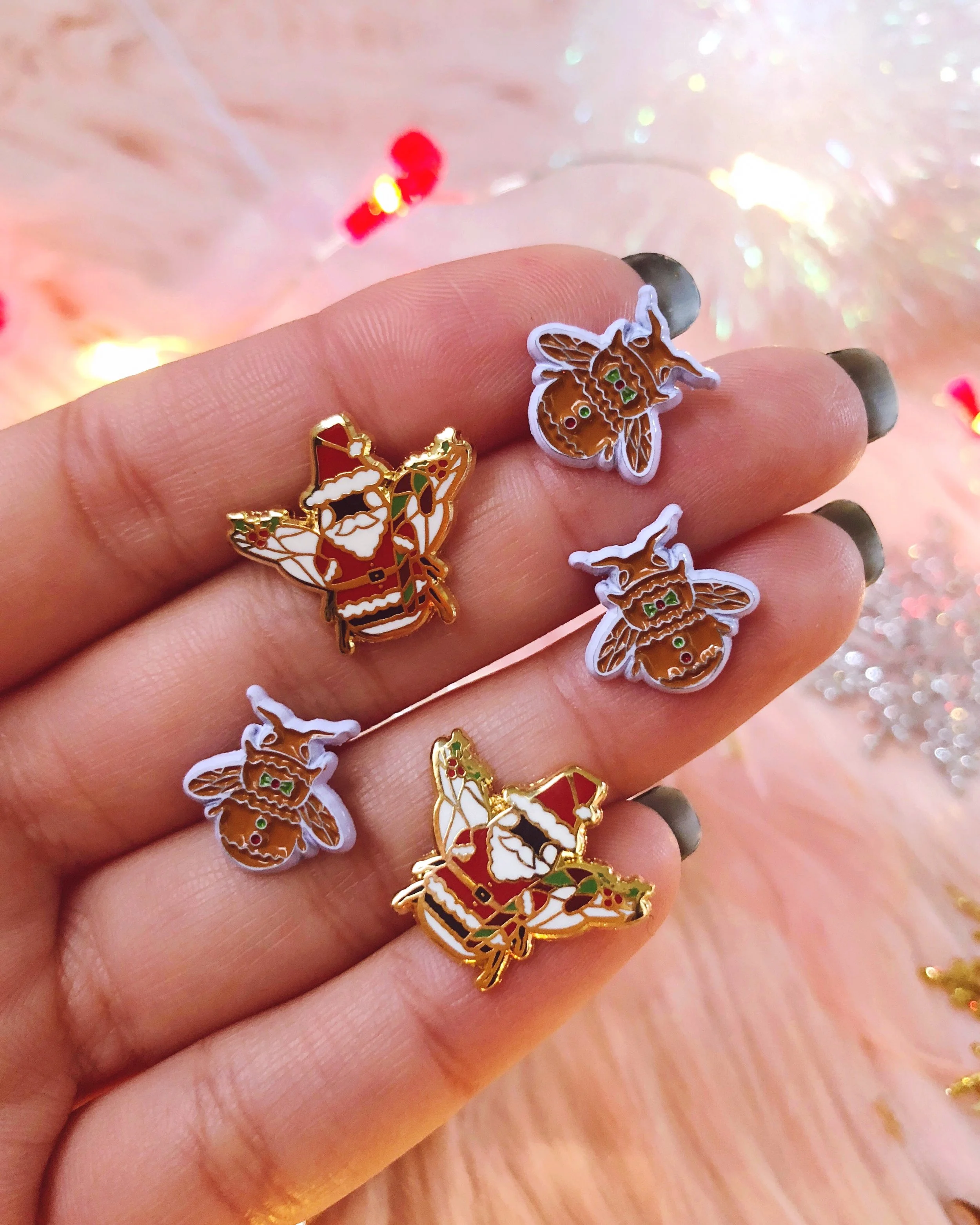 santa bee mini tiny bee gold hard enamel christmas holiday festive lapel pin badge by lilly baik.