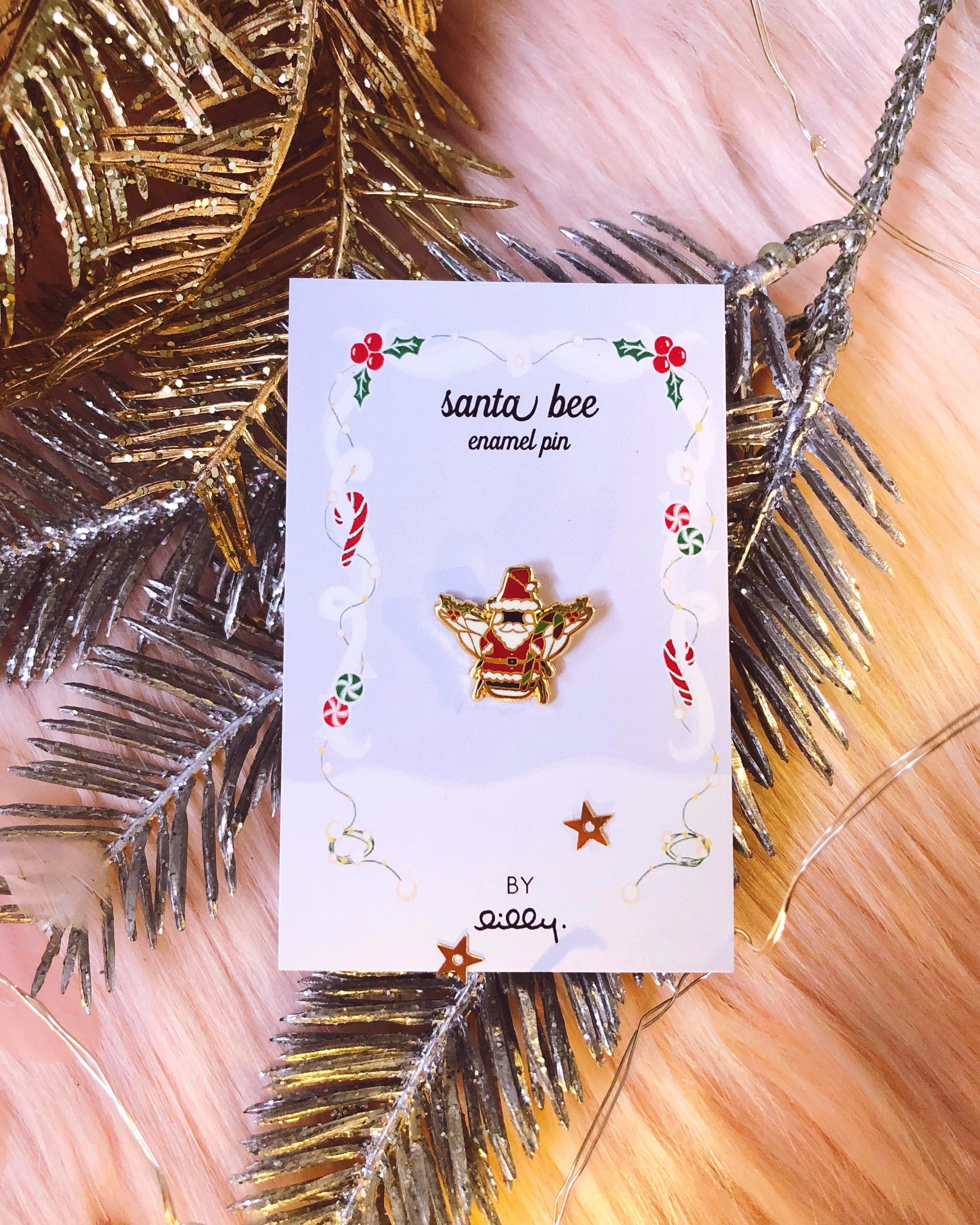 santa bee mini tiny bee gold hard enamel christmas holiday festive lapel pin badge by lilly baik.