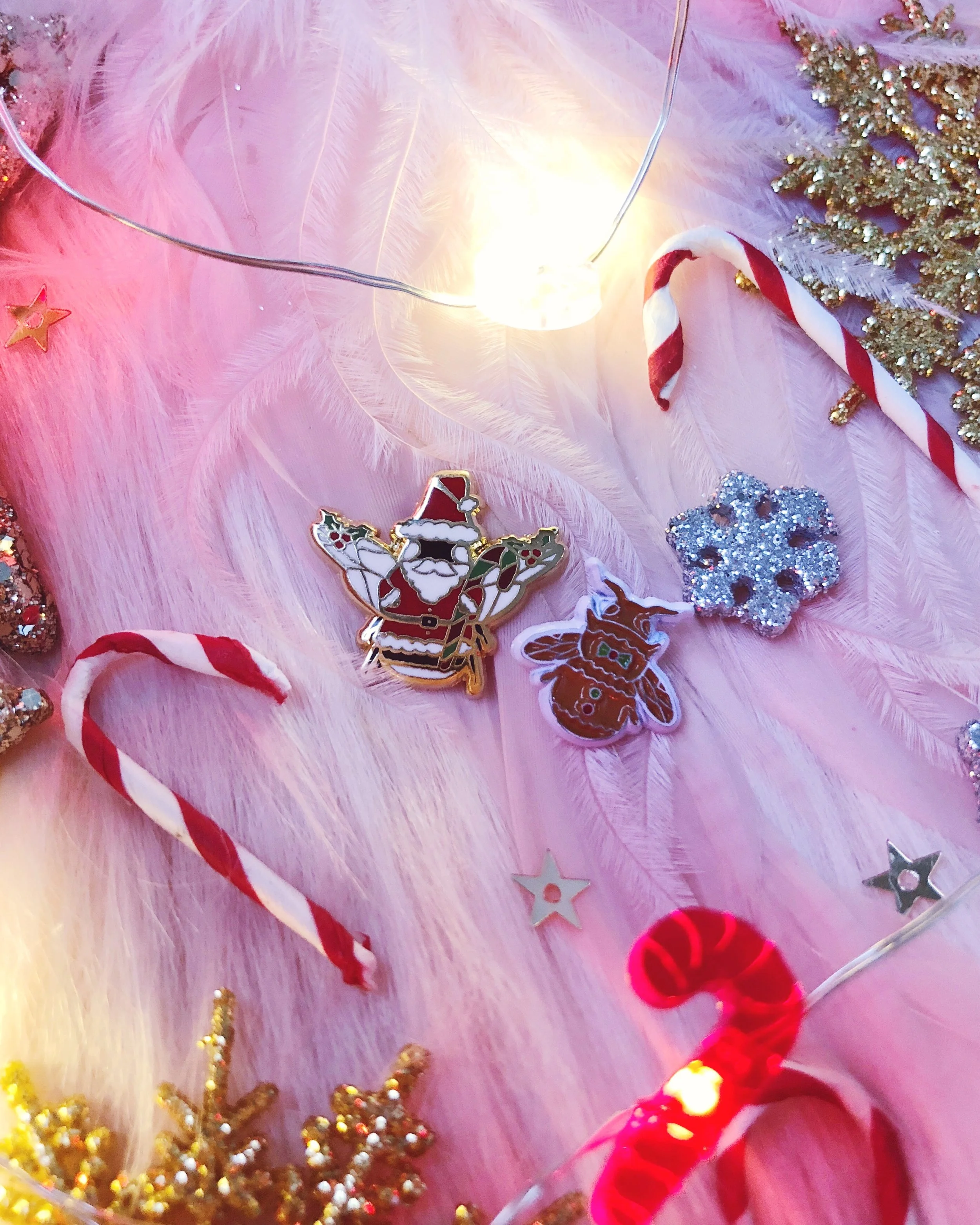 gingerbee man and santa bee holiday christmas mini enamel pin bundle by lilly baik.