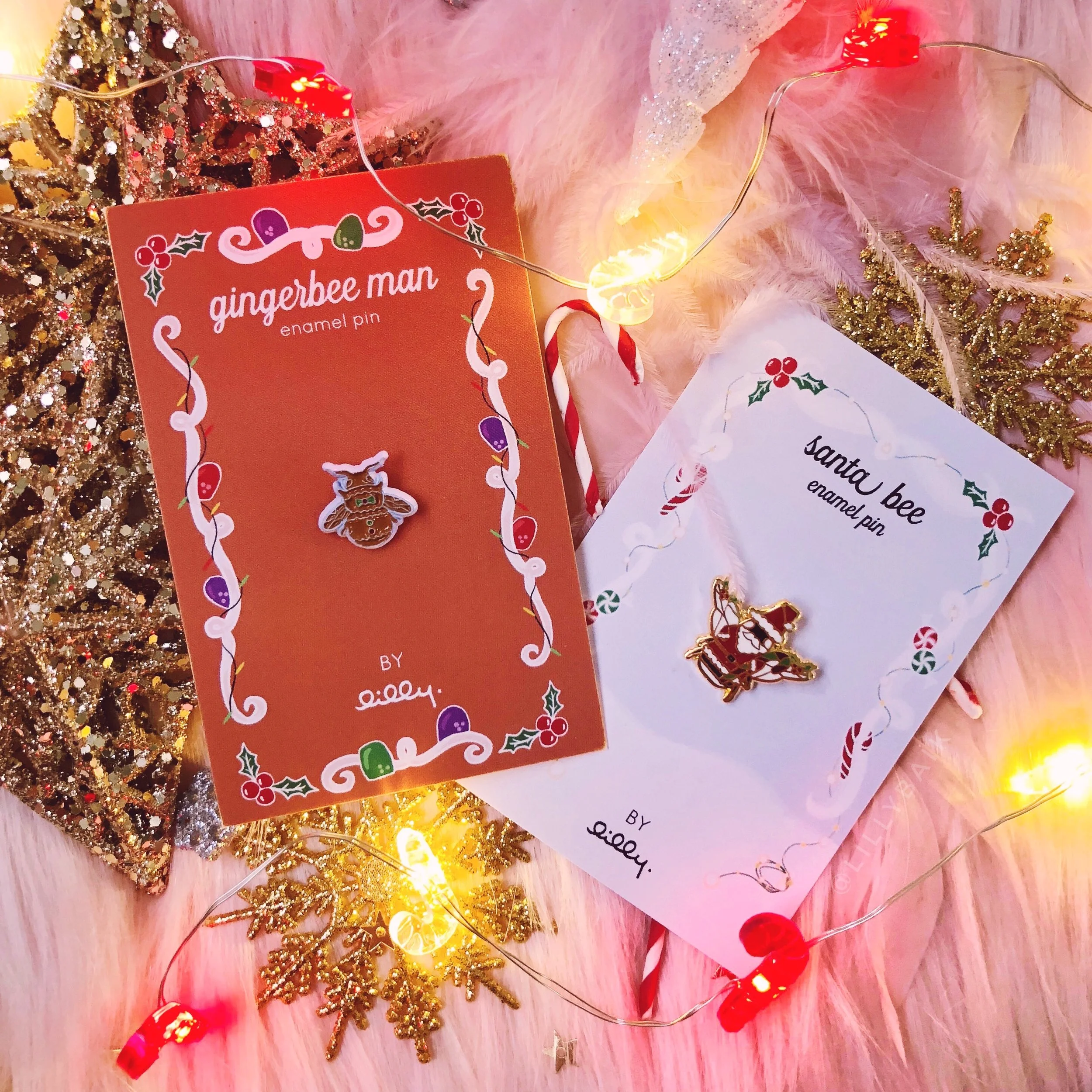 gingerbee man and santa bee holiday christmas mini enamel pin bundle by lilly baik.