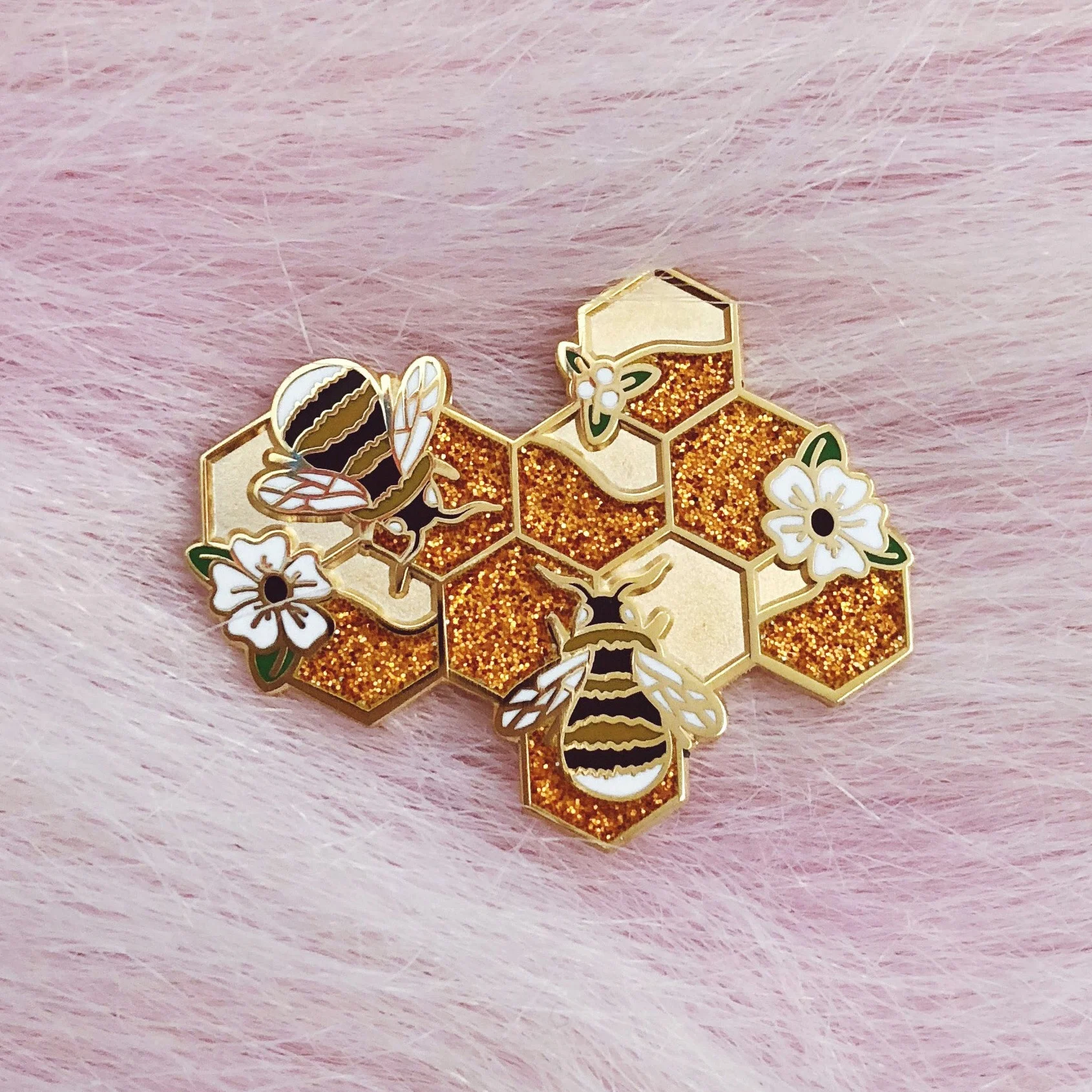 honeycomb floral glitter honey bee flowers enamel lapel pin badge by lilly baik.