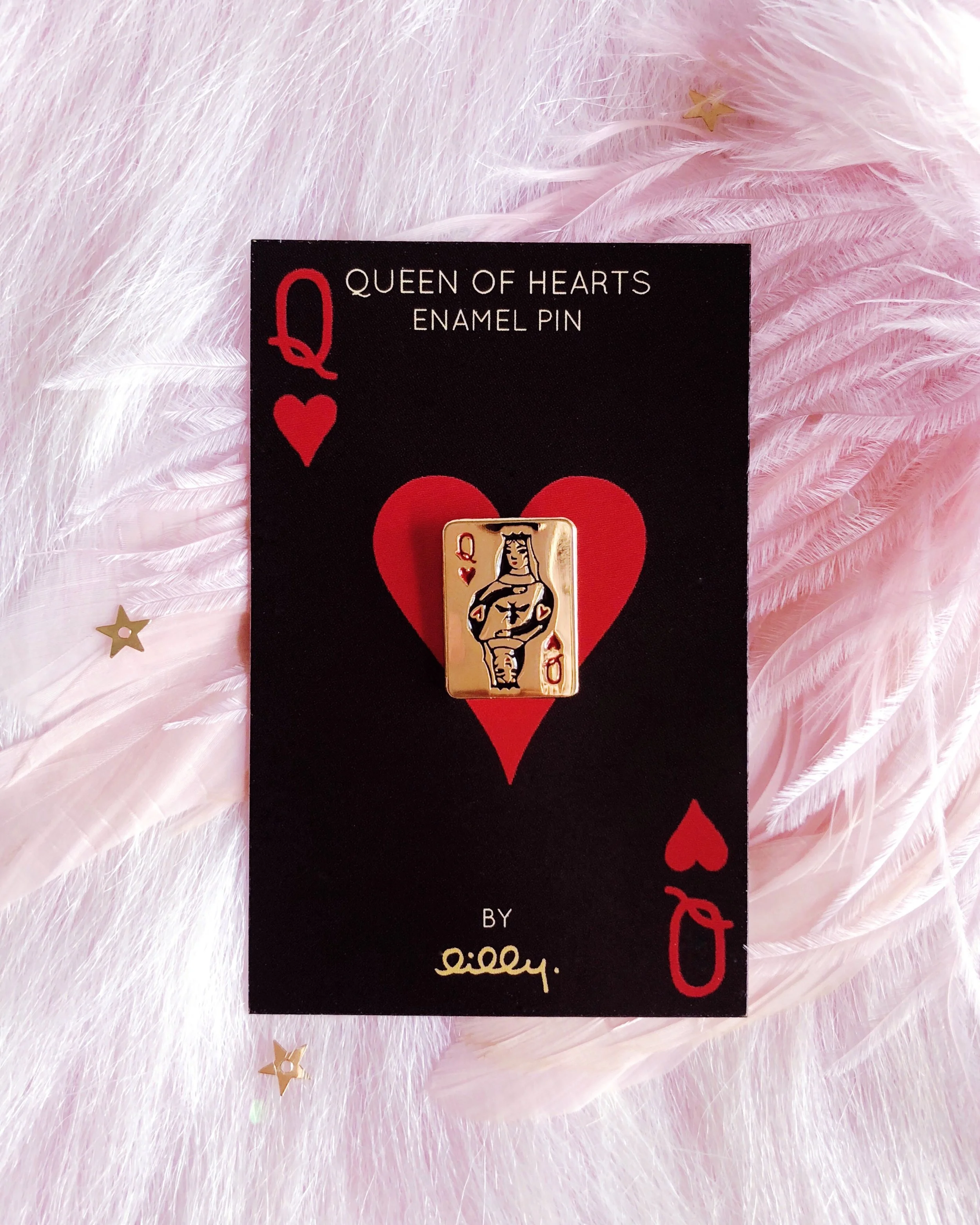 queen of hearts gold bee poker playing card soft enamel pin by lilly baik.