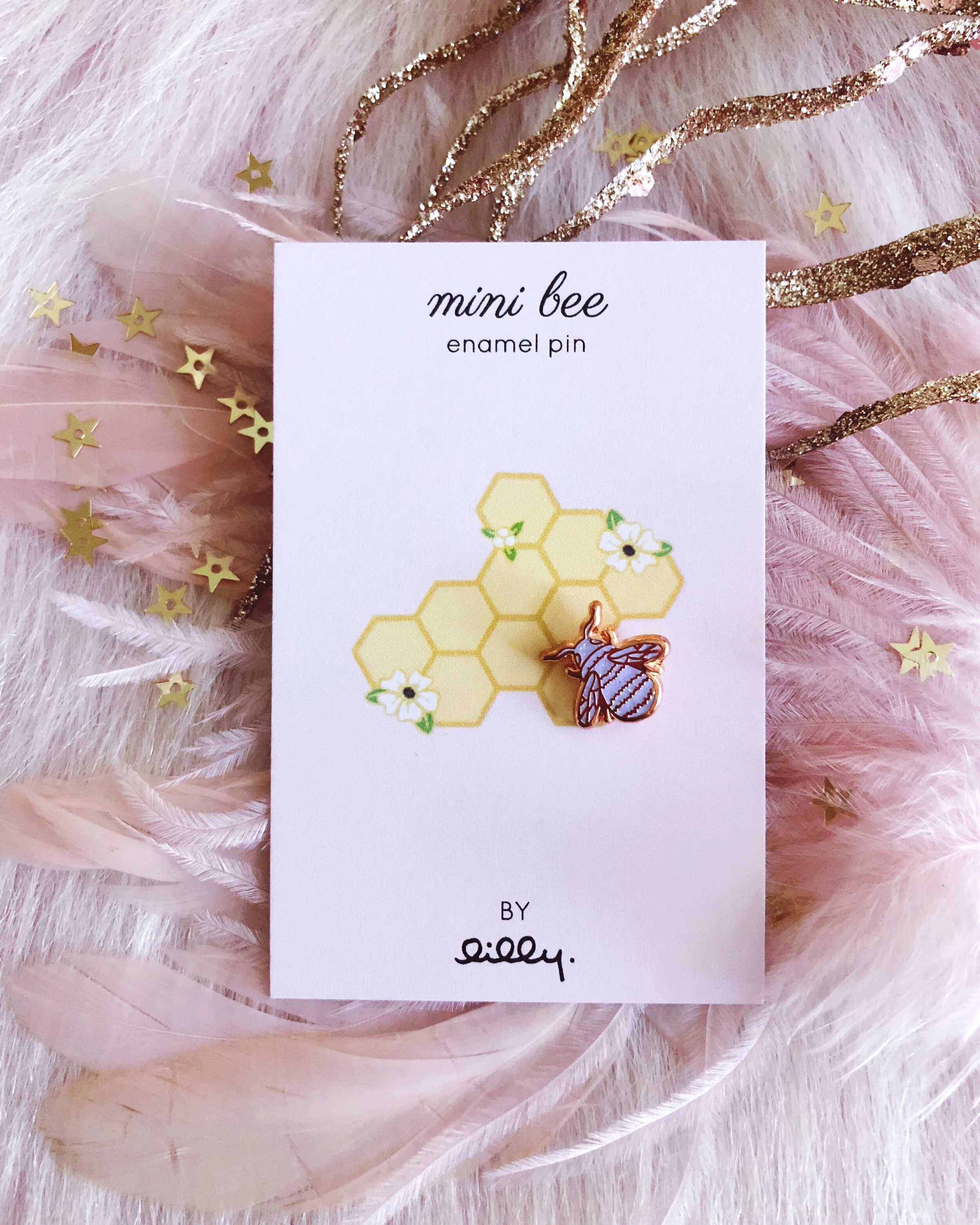 mini bee luxe rose gold iridescent white glitter hard enamel animal lapel pin by lilly baik.