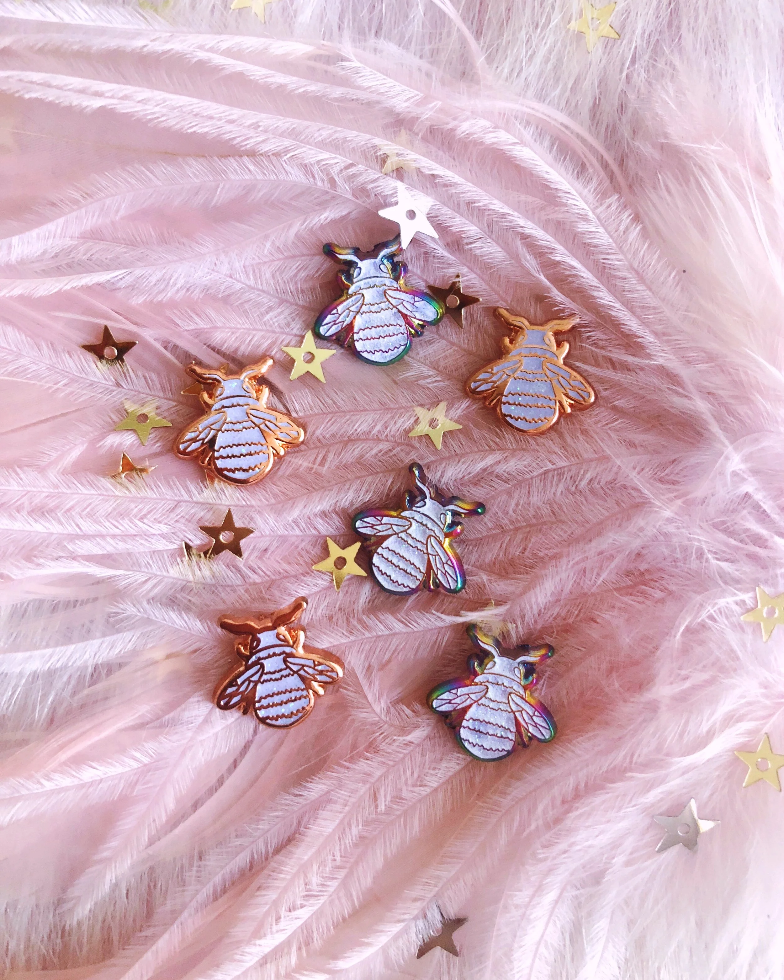 mini bee luxe rose gold iridescent white glitter hard enamel animal lapel pin by lilly baik.