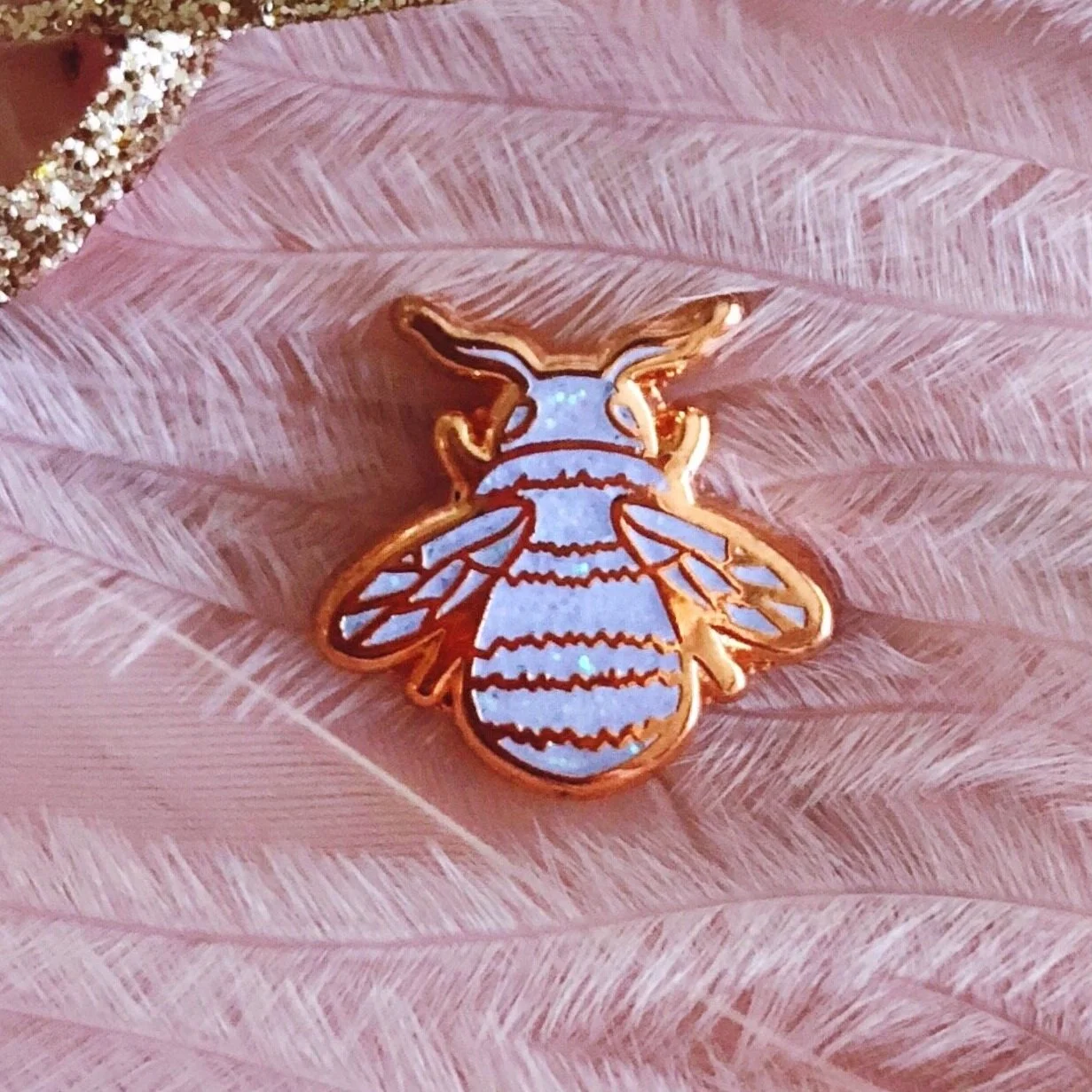 mini bee luxe rose gold iridescent white glitter hard enamel animal lapel pin by lilly baik.