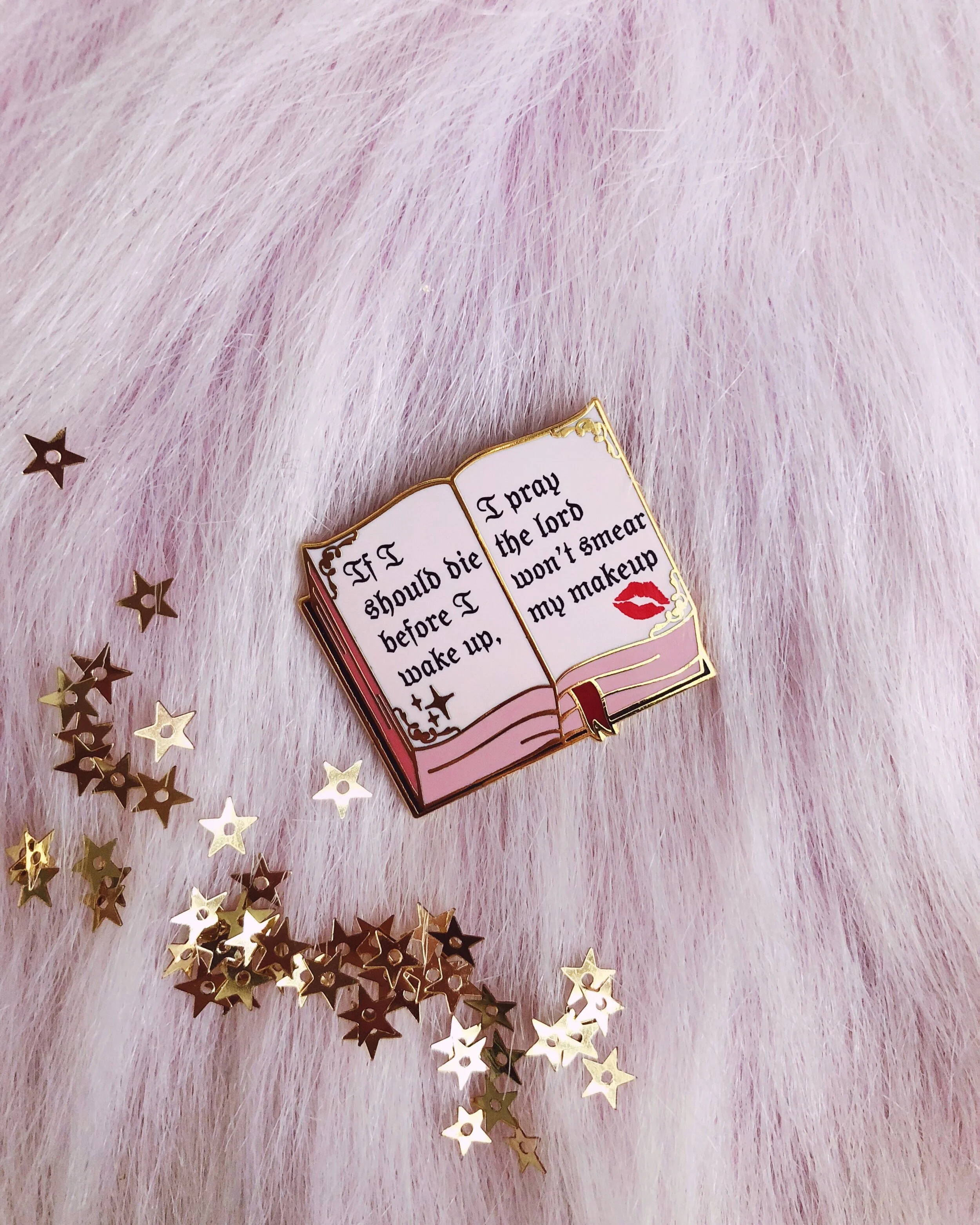 makeup bible pink and gold prayer hard enamel pin designed by lilly baik.