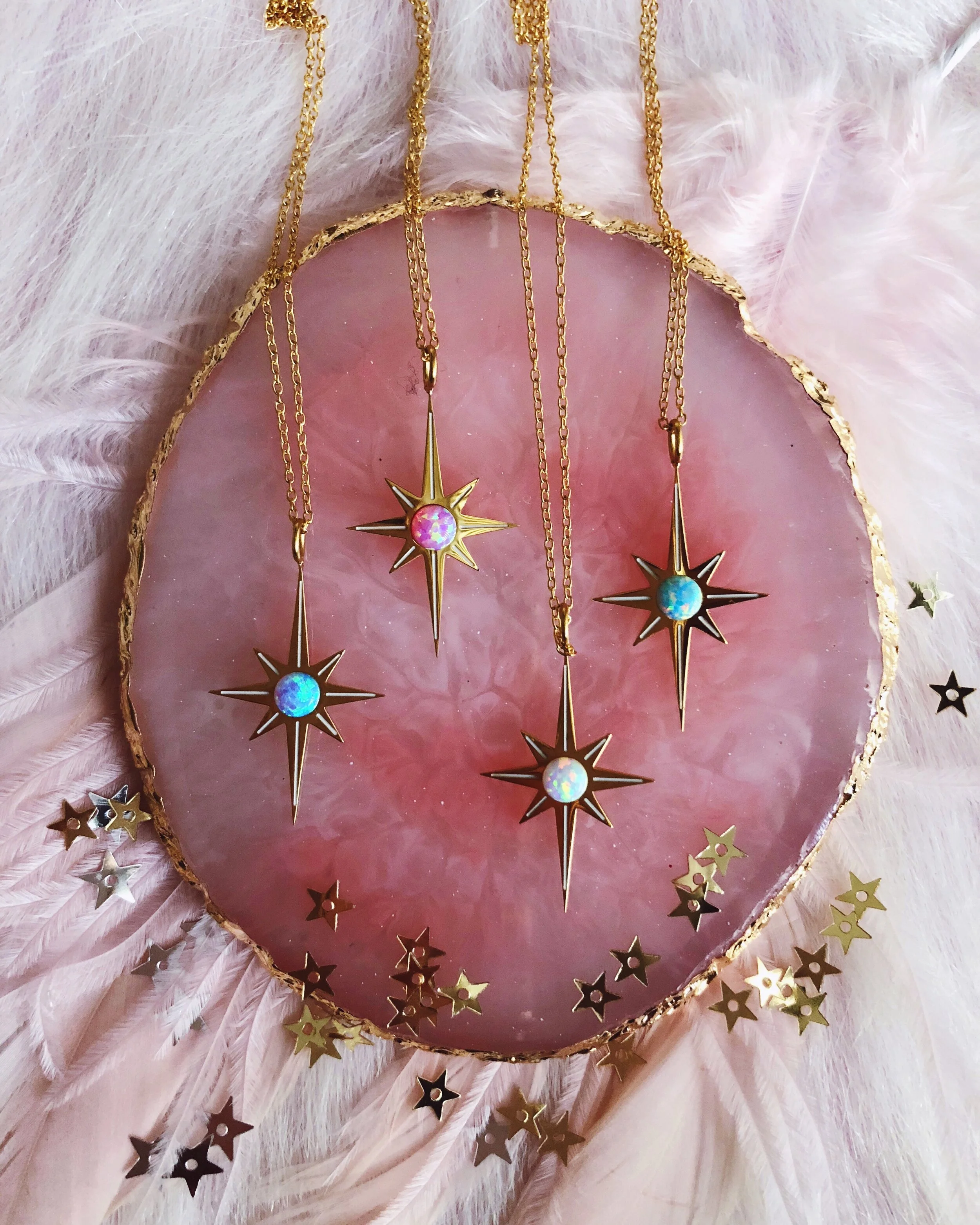 starburst opal necklace in sky blue, delicate dainty gold pretty star necklace designed by lilly baik.