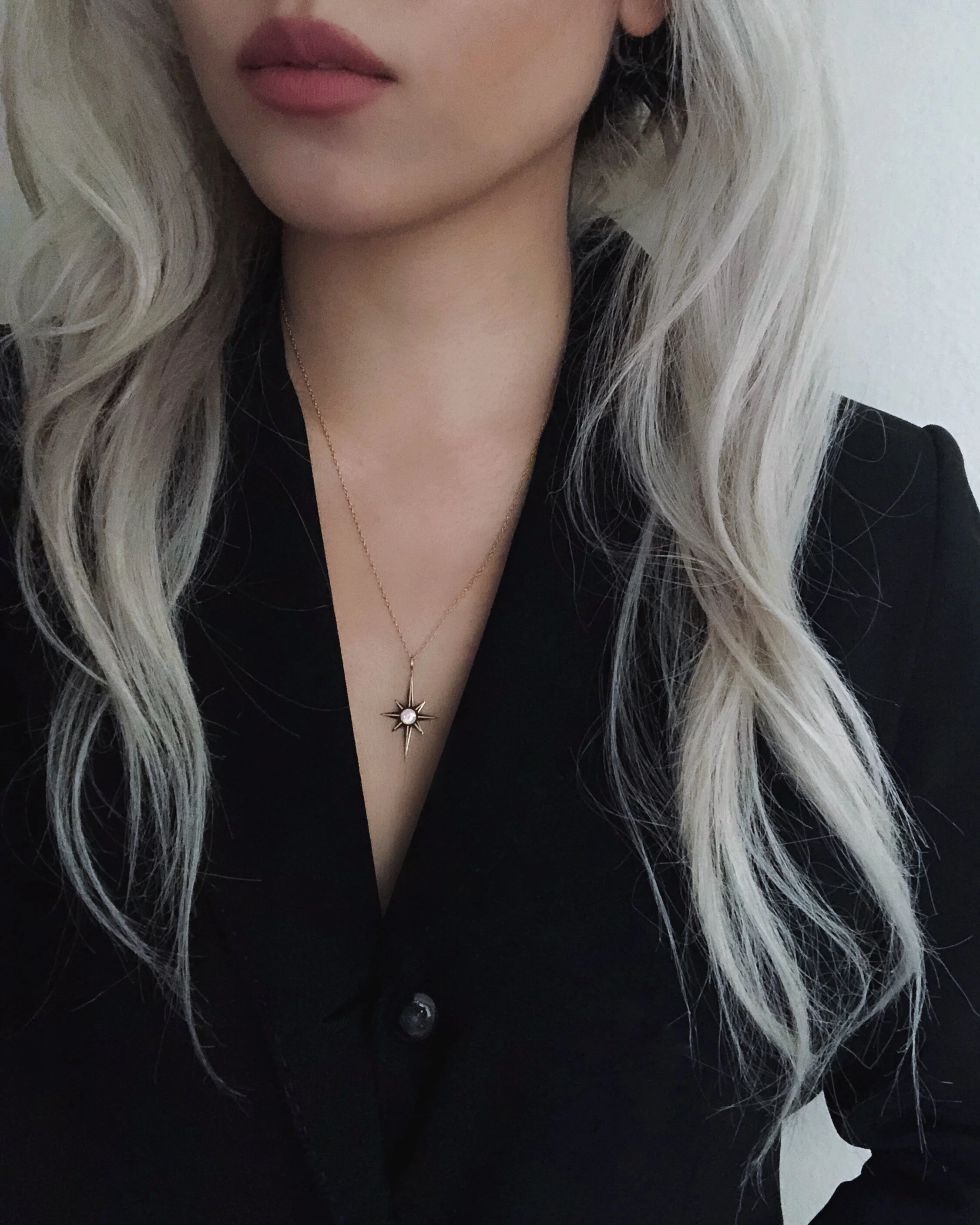 starburst opal necklace in mystic white, delicate dainty gold pretty star necklace designed by lilly baik.