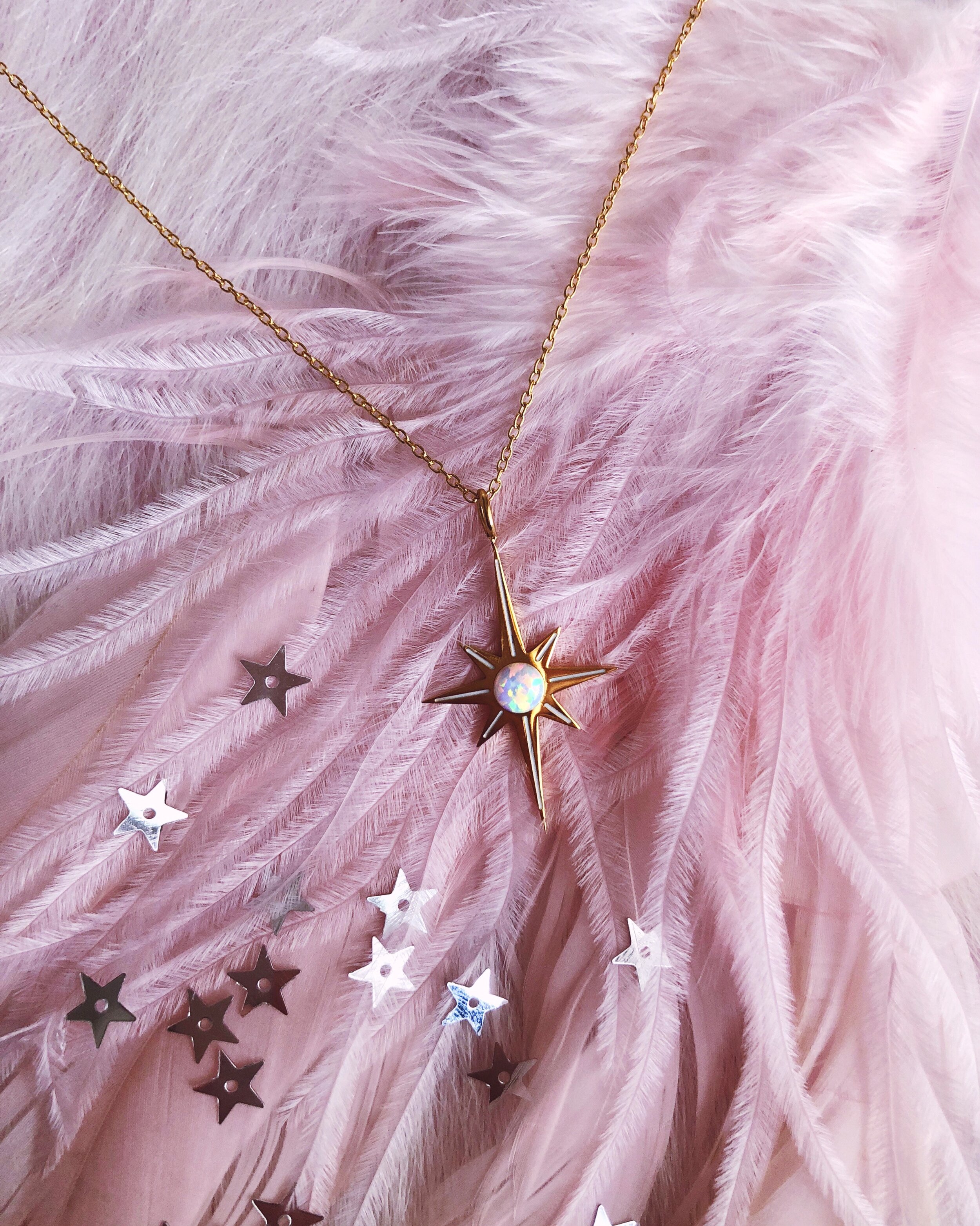 starburst opal necklace in mystic white, delicate dainty gold pretty star necklace designed by lilly baik.