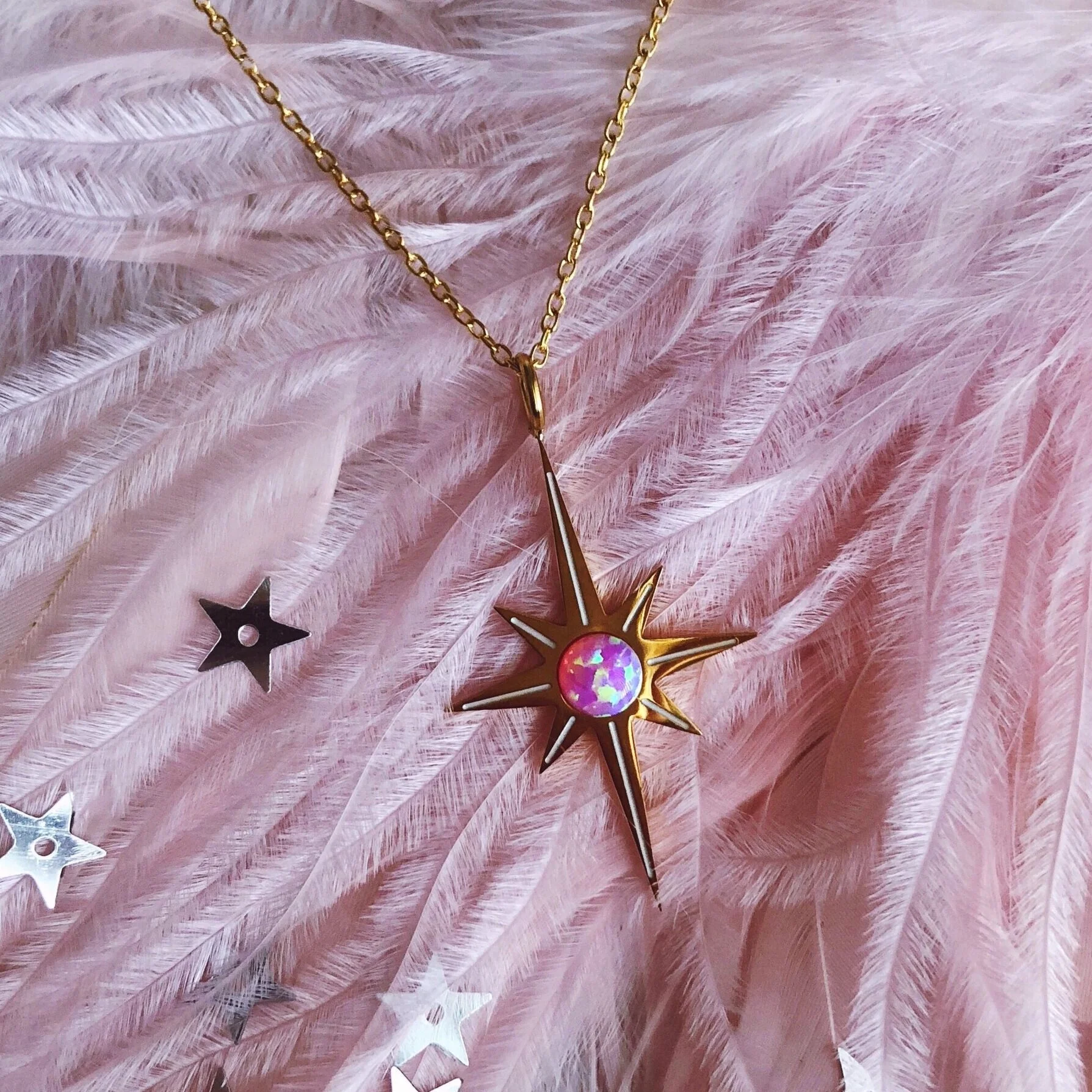 starburst opal necklace in rose pink, delicate dainty gold pretty star necklace designed by lilly baik.