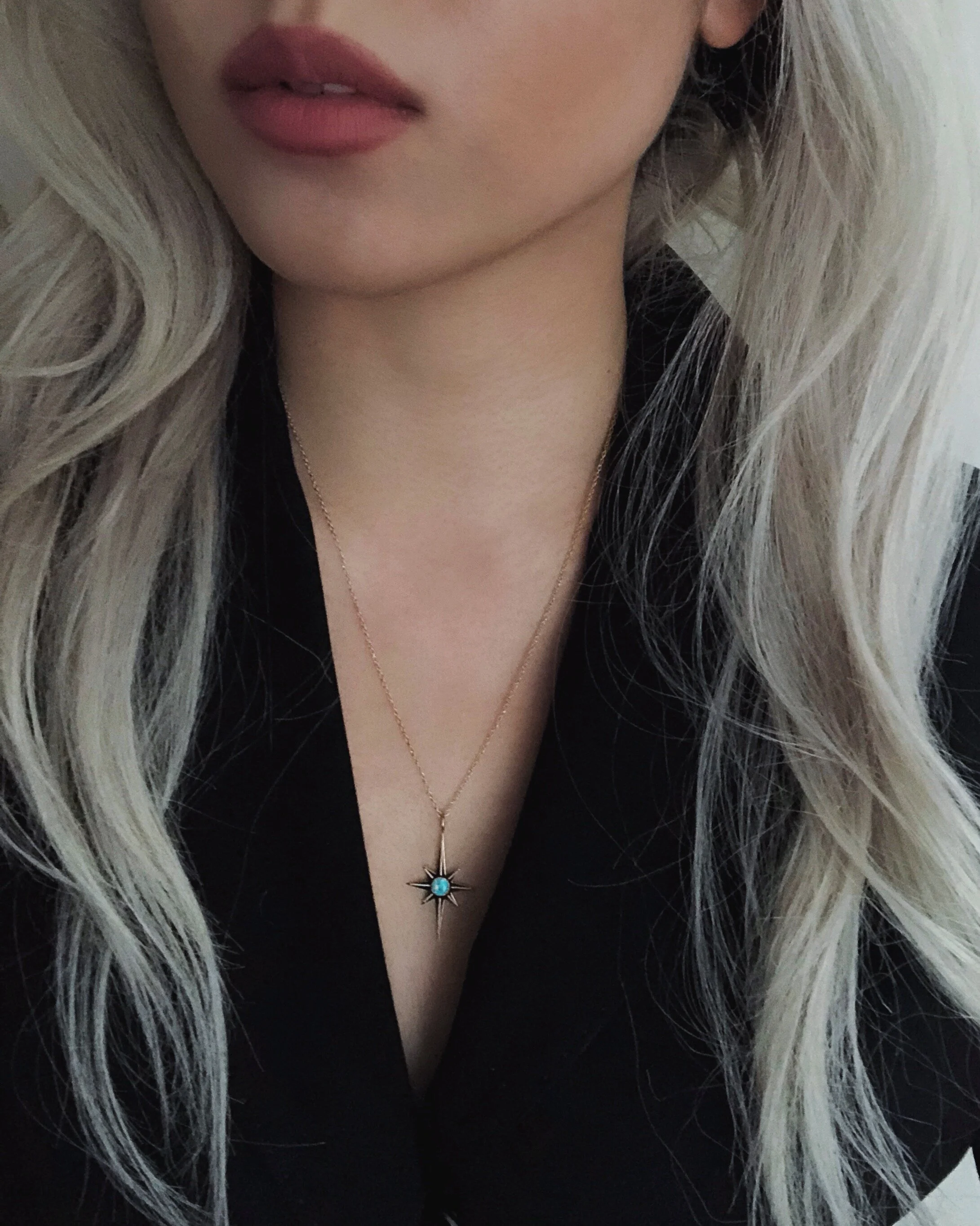 starburst opal necklace in seafoam green, delicate dainty gold pretty star necklace designed by lilly baik.