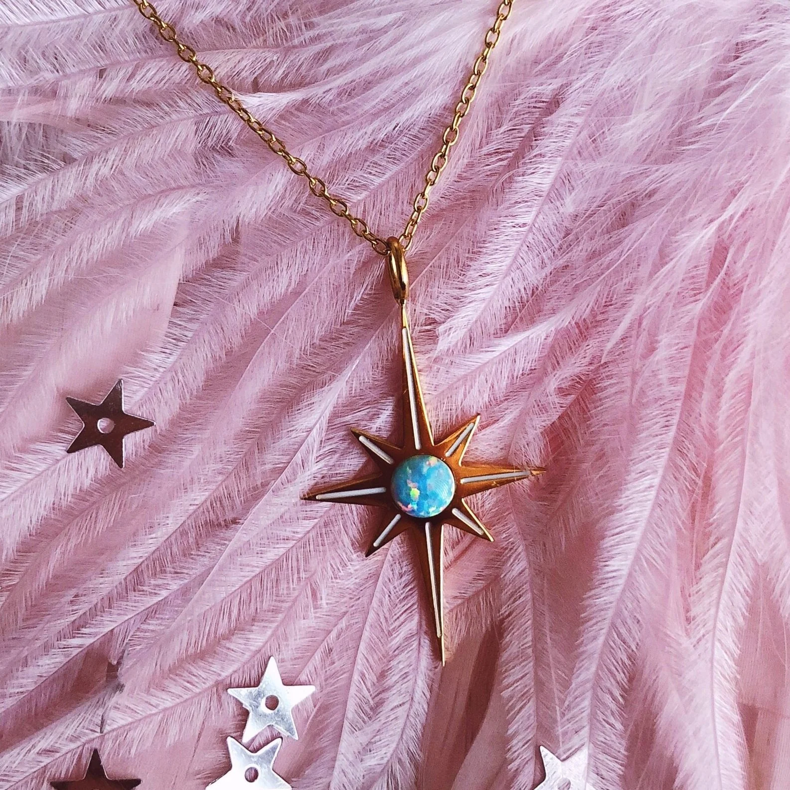 starburst opal necklace in seafoam green, delicate dainty gold pretty star necklace designed by lilly baik.