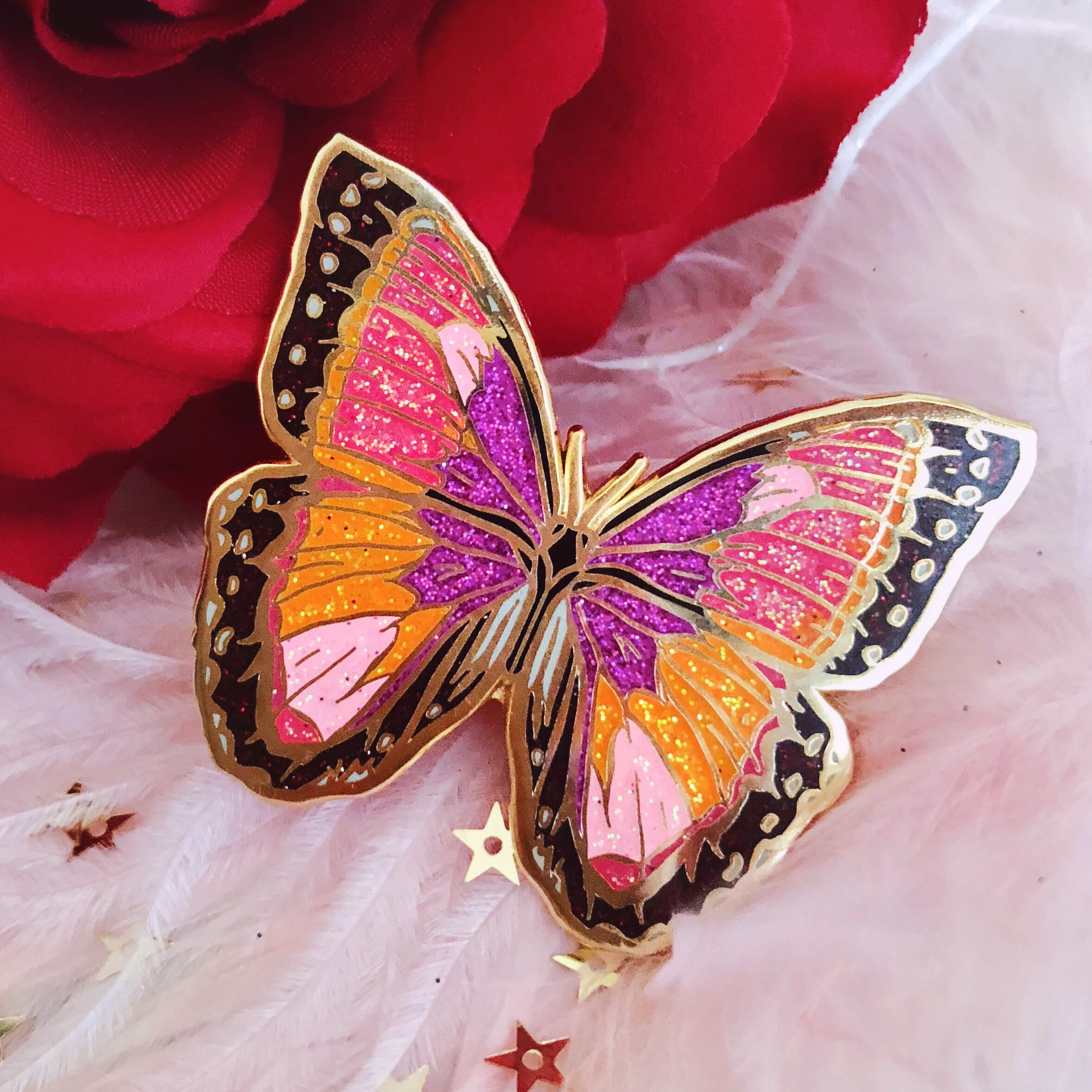 pretty sunset cute glitter butterfly sparkle hard enamel halsey taylor swift lover lapel pin nature inspired insect brooch by lilly baik.