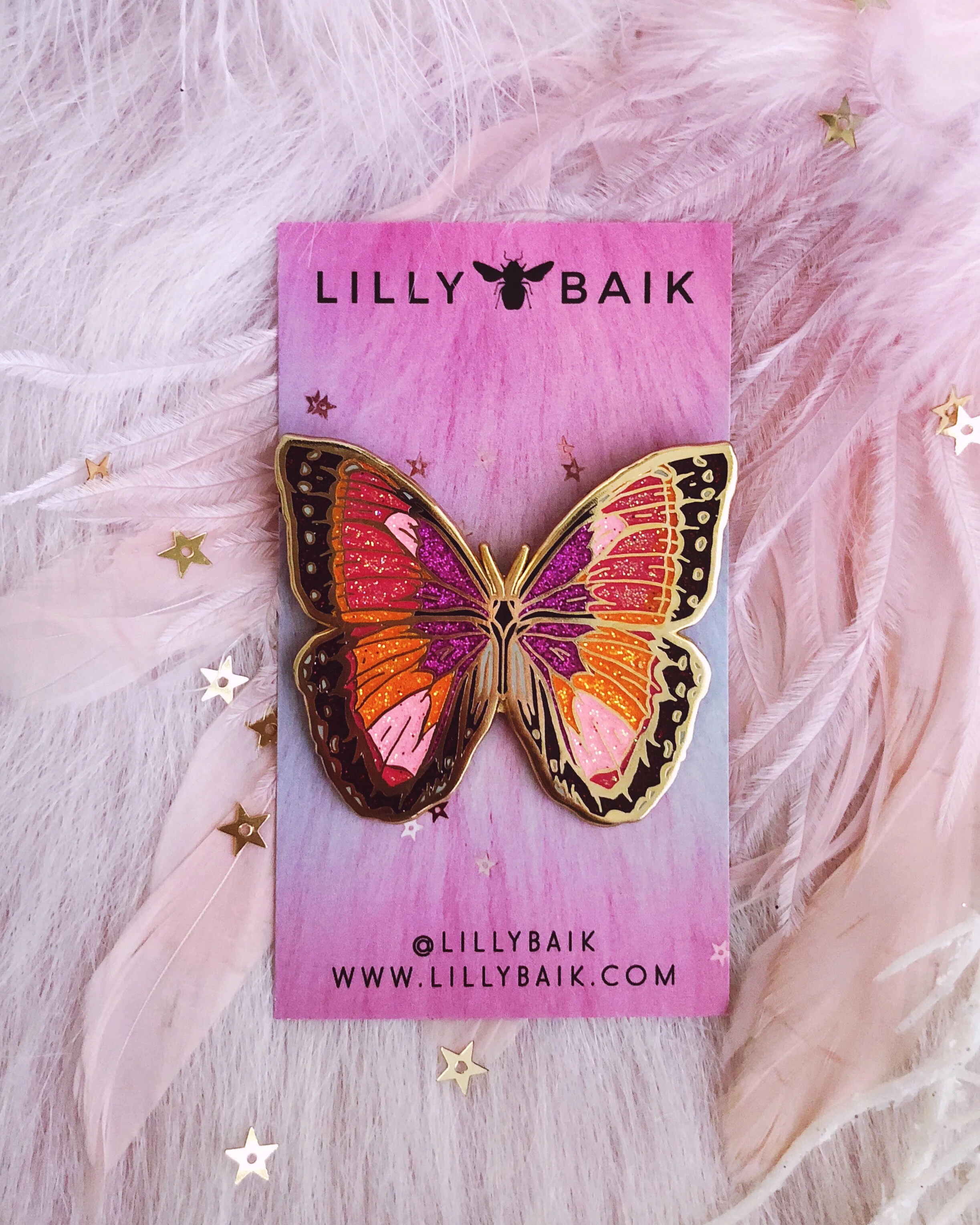 pretty sunset cute glitter butterfly sparkle hard enamel halsey taylor swift lover lapel pin nature inspired insect brooch by lilly baik.