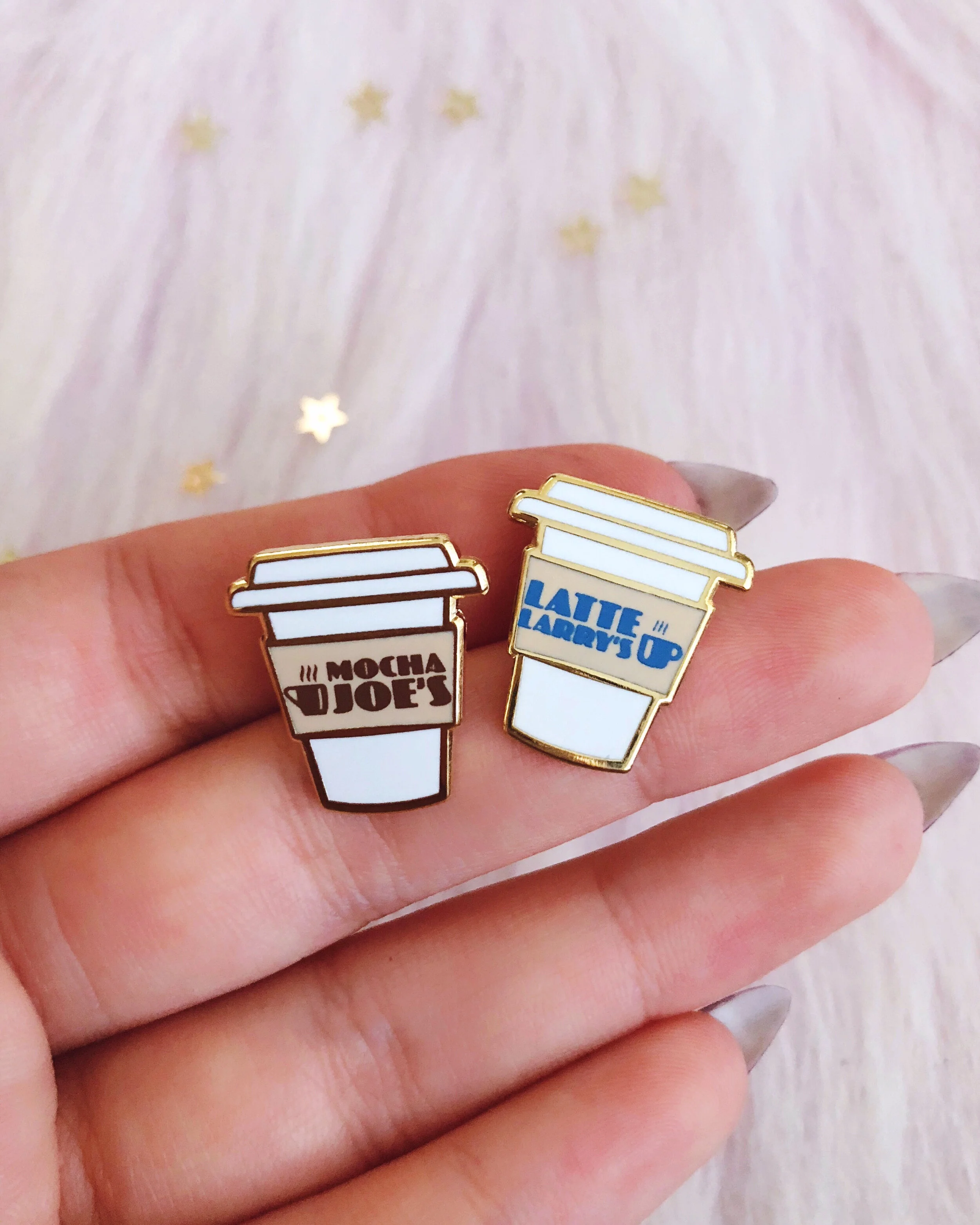 spite store gold hard enamel pin bundle set curb your enthusiasm seinfeld larry david latte larry's mocha joe's inspired mini pin board filler enamel pin set by lilly baik.