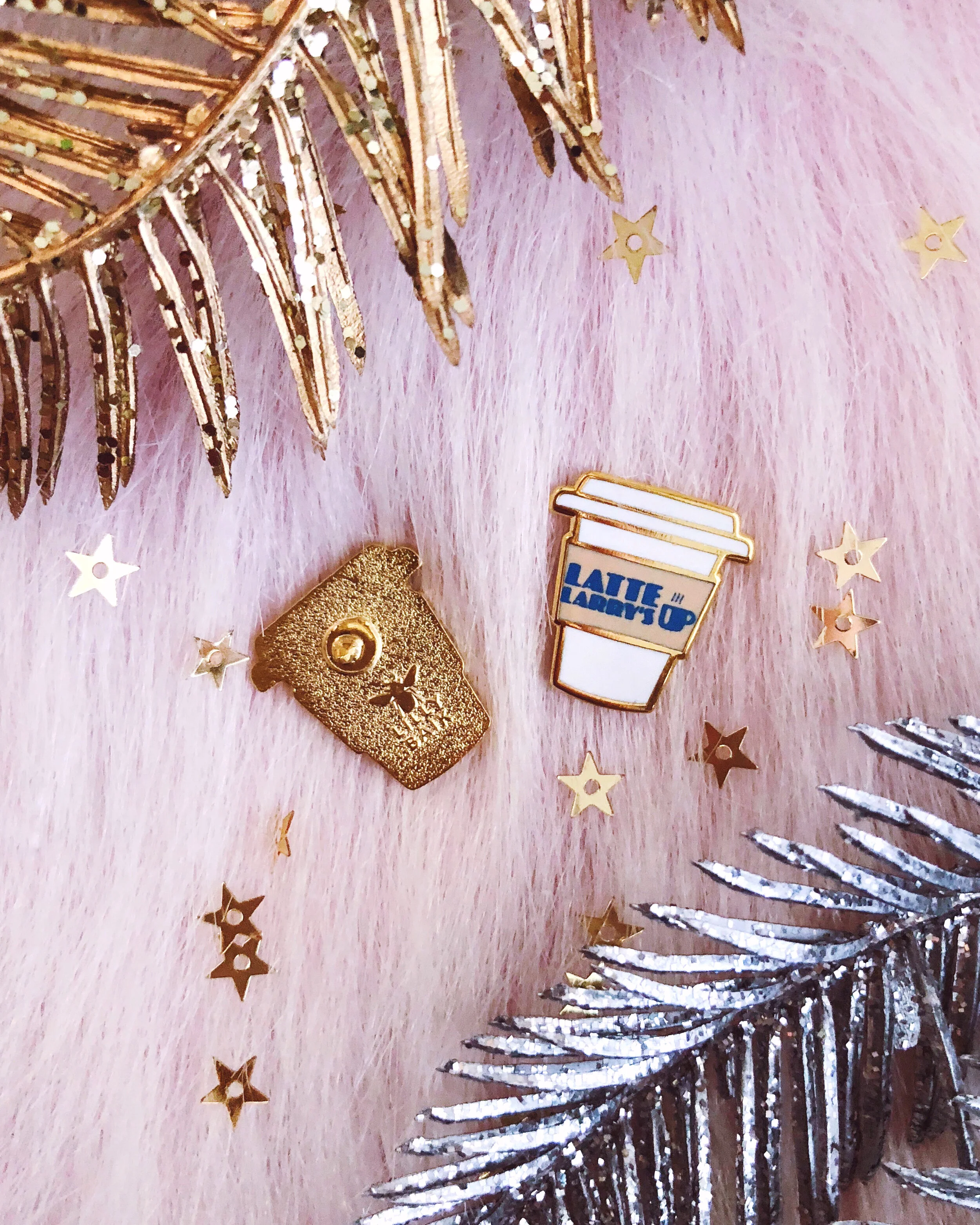 spite store gold hard enamel pin bundle set curb your enthusiasm seinfeld larry david latte larry's mocha joe's inspired mini pin board filler enamel pin set by lilly baik.