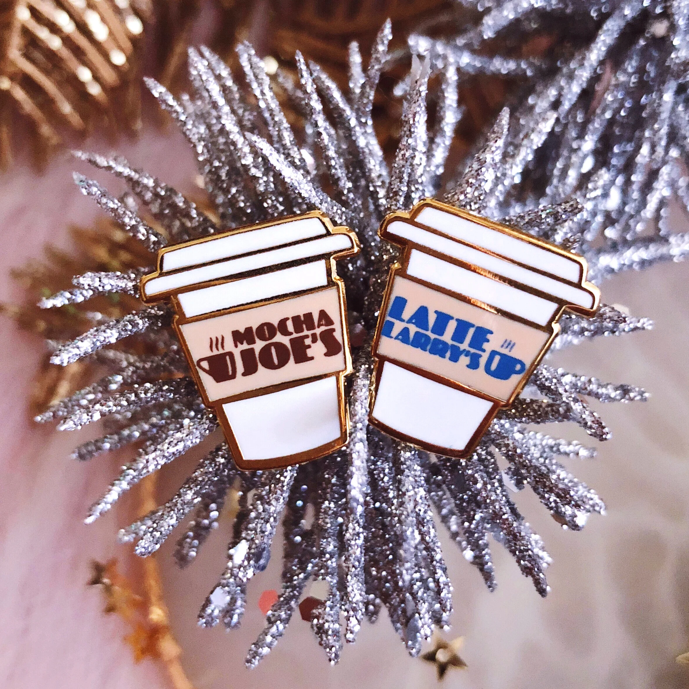 spite store gold hard enamel pin bundle set curb your enthusiasm seinfeld larry david latte larry's mocha joe's inspired mini pin board filler enamel pin set by lilly baik.