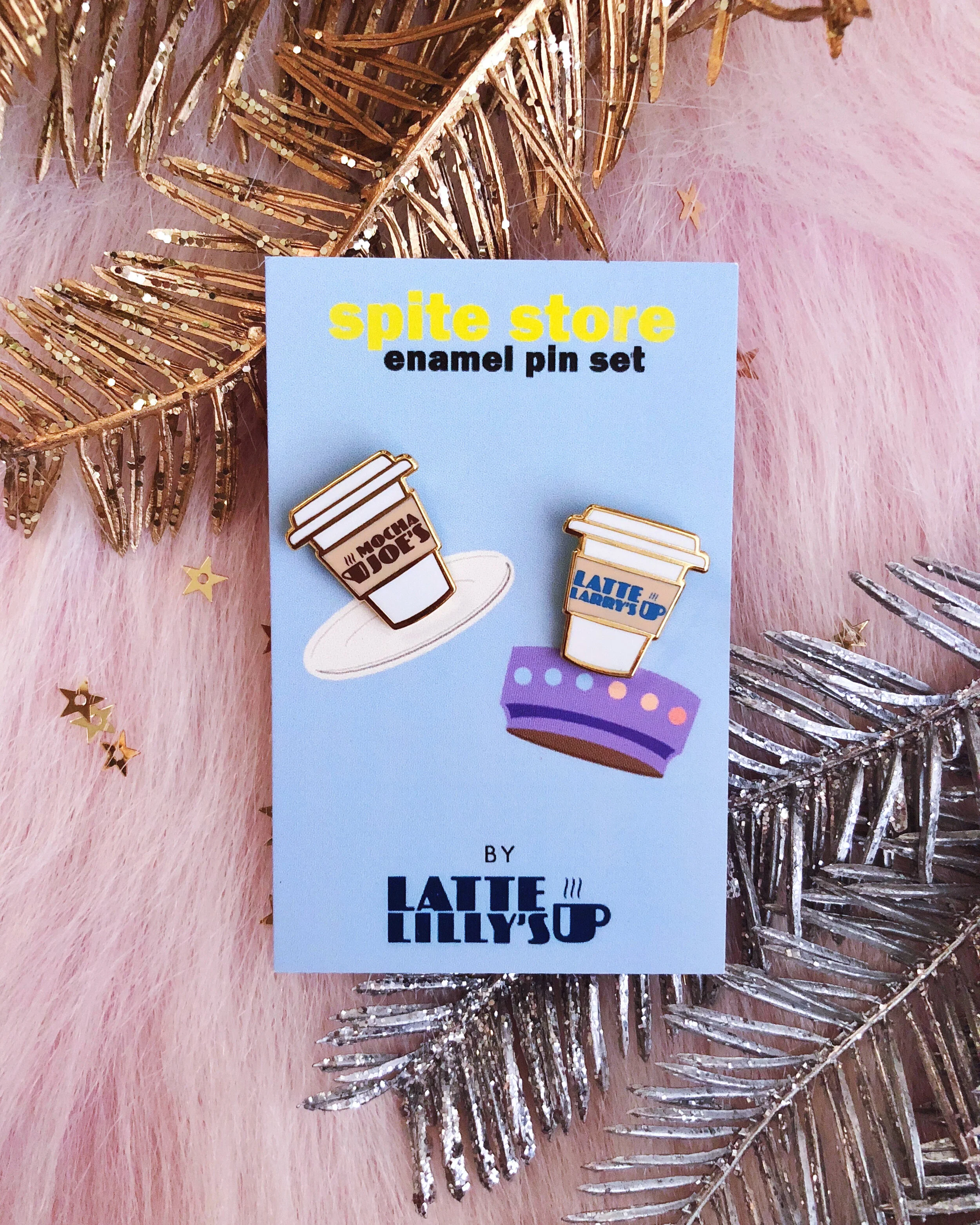 spite store gold hard enamel pin bundle set curb your enthusiasm seinfeld larry david latte larry's mocha joe's inspired mini pin board filler enamel pin set by lilly baik.