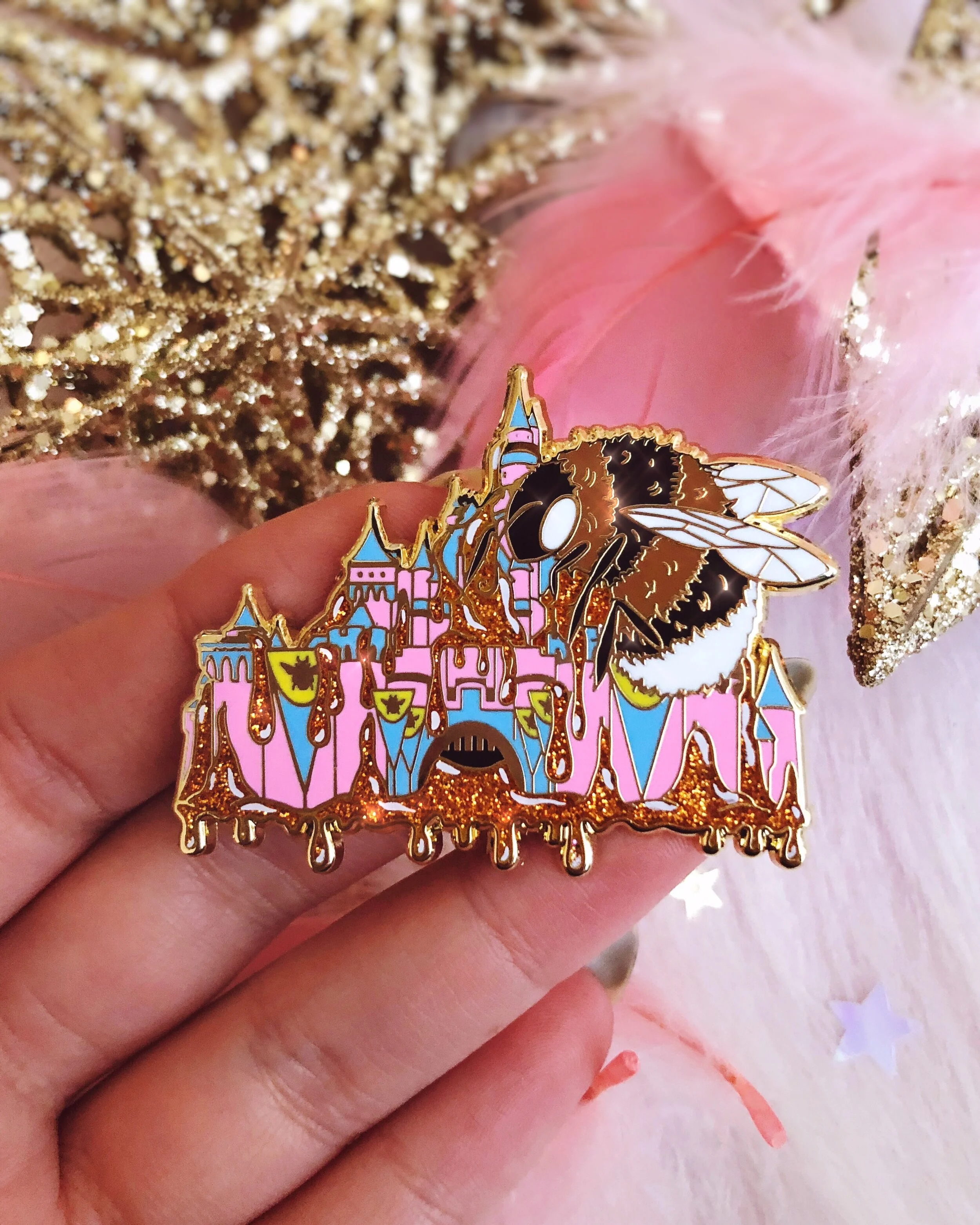 honeyland honey bee honeybee disney disneyland castle glitter pink blue cute hard enamel pin by lilly baik.