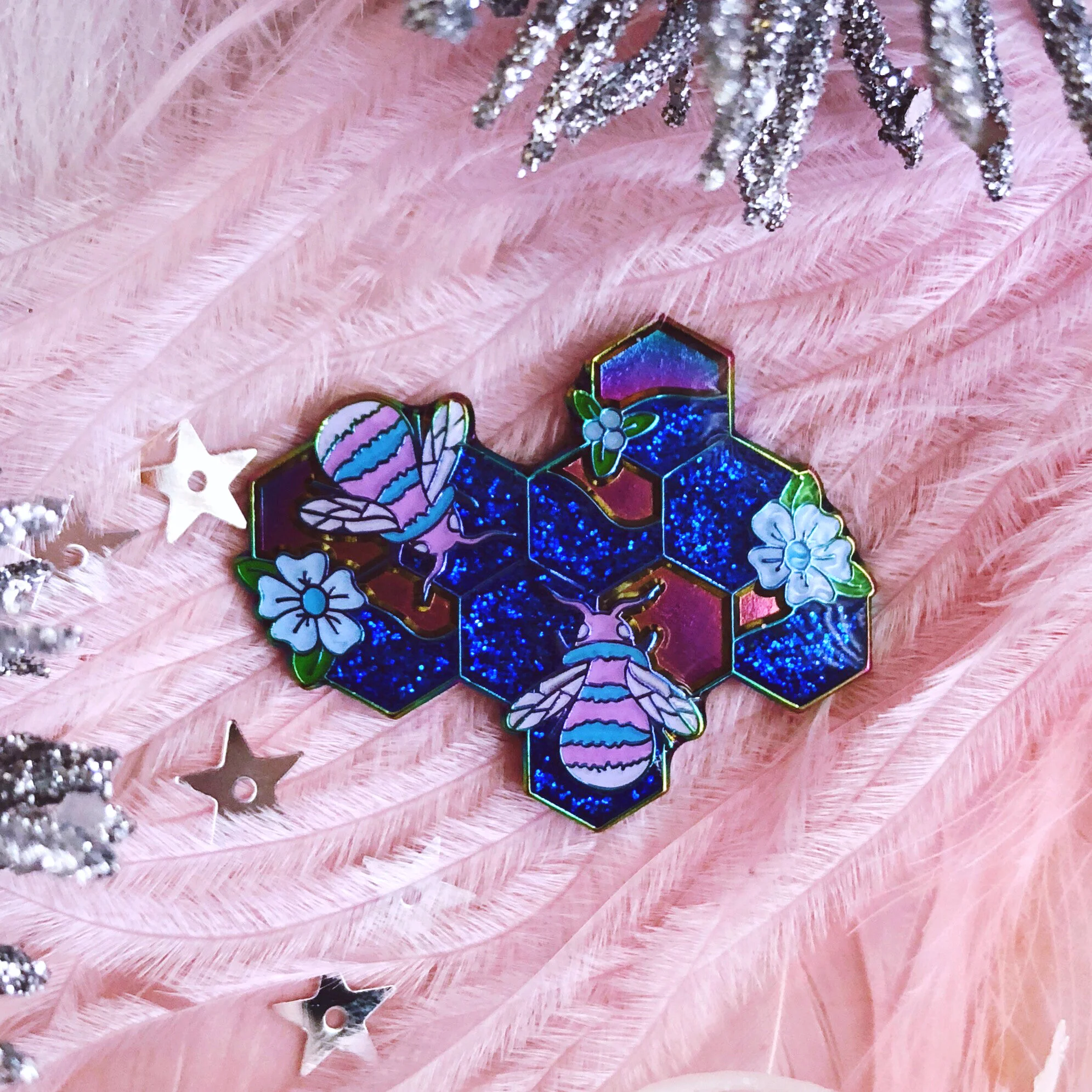 blueberry honey honeycomb hard enamel rainbow metal anodized blue glitter bee honeybees pin by lilly baik.