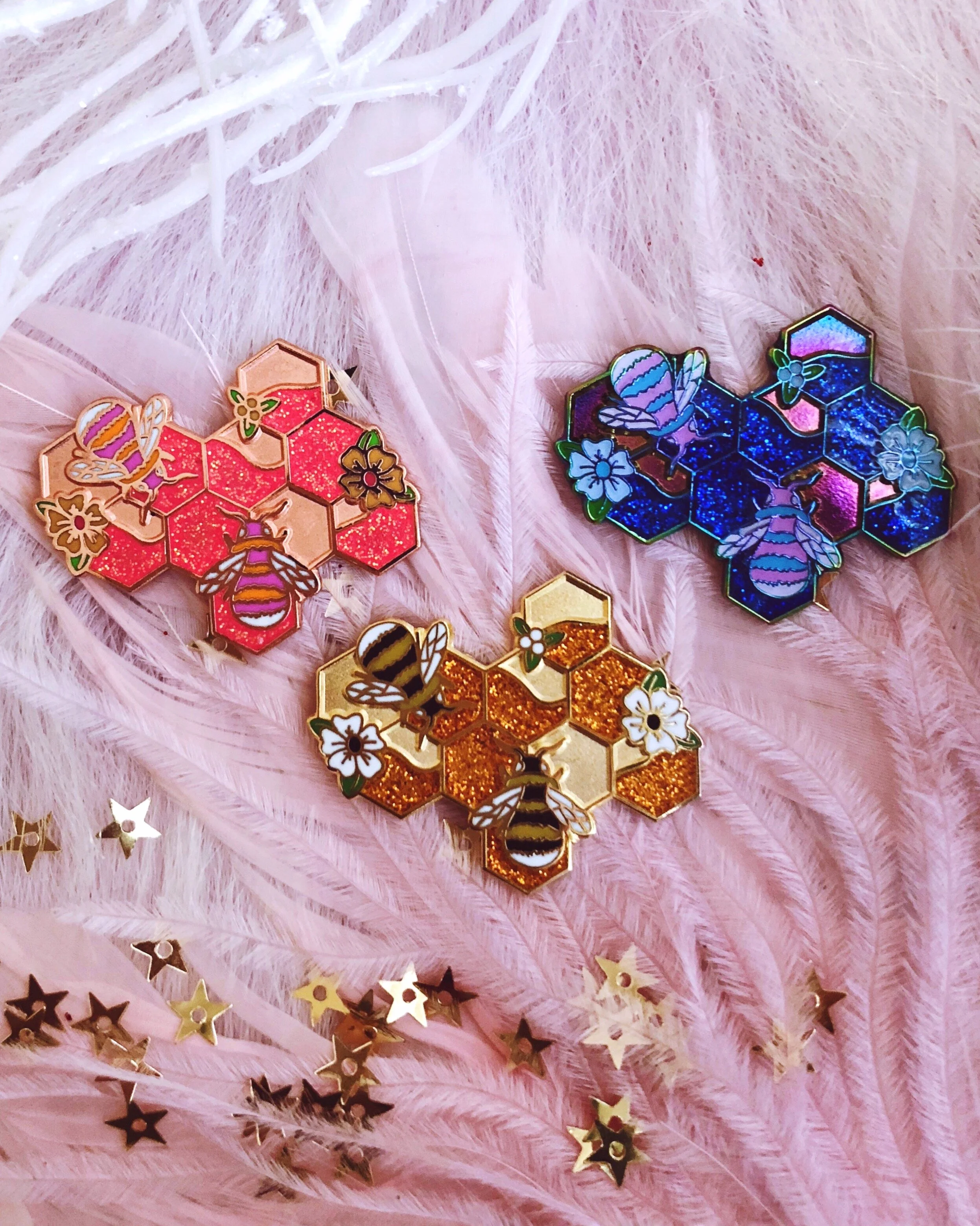 blueberry honey honeycomb hard enamel rainbow metal anodized blue glitter bee honeybees pin by lilly baik.