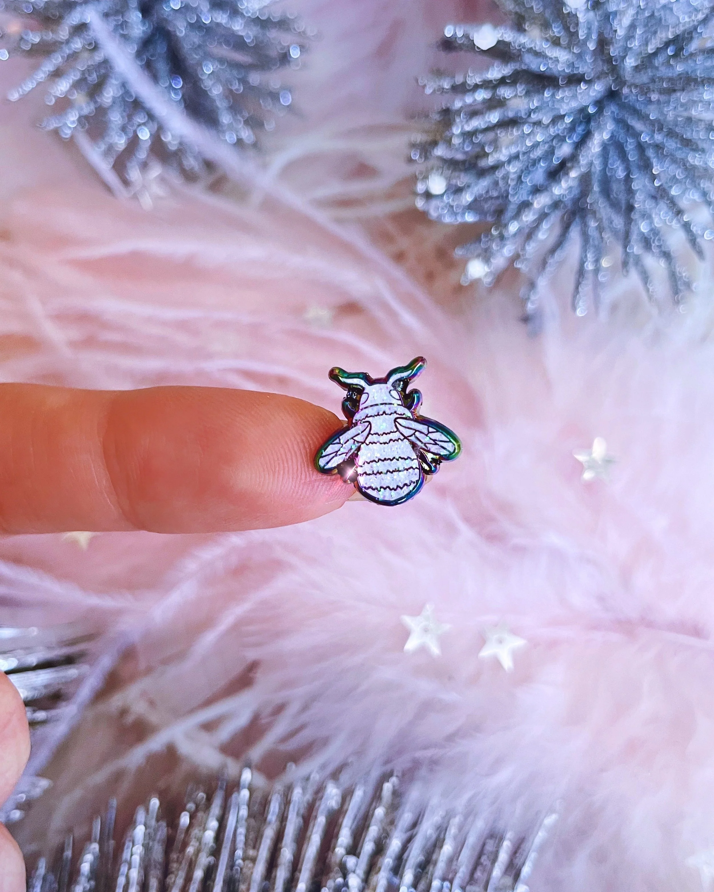 mini bee iridescent rainbow metal anodized glitter honeybee enamel lapel pin by lilly baik.