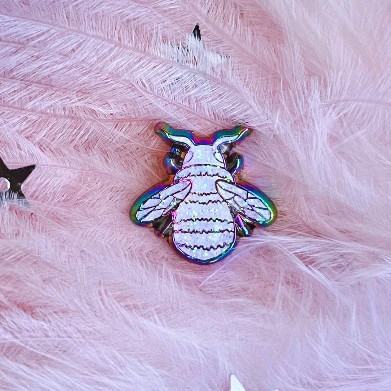 mini bee iridescent rainbow metal anodized glitter honeybee enamel lapel pin by lilly baik.