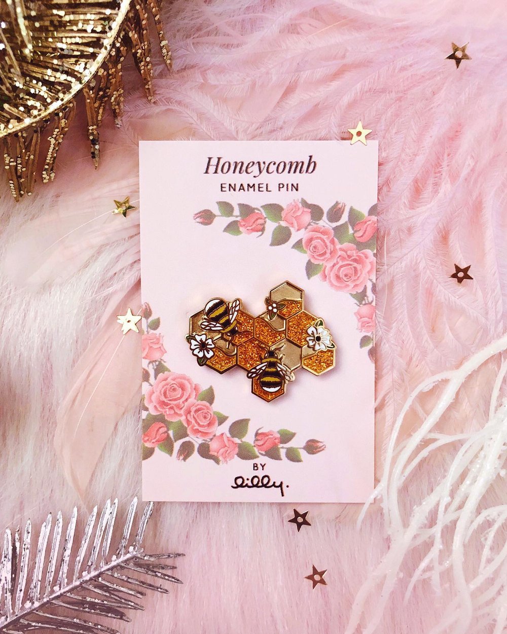 honeycomb bees in glitter honey hard enamel pin by lilly baik. — Lilly Baik